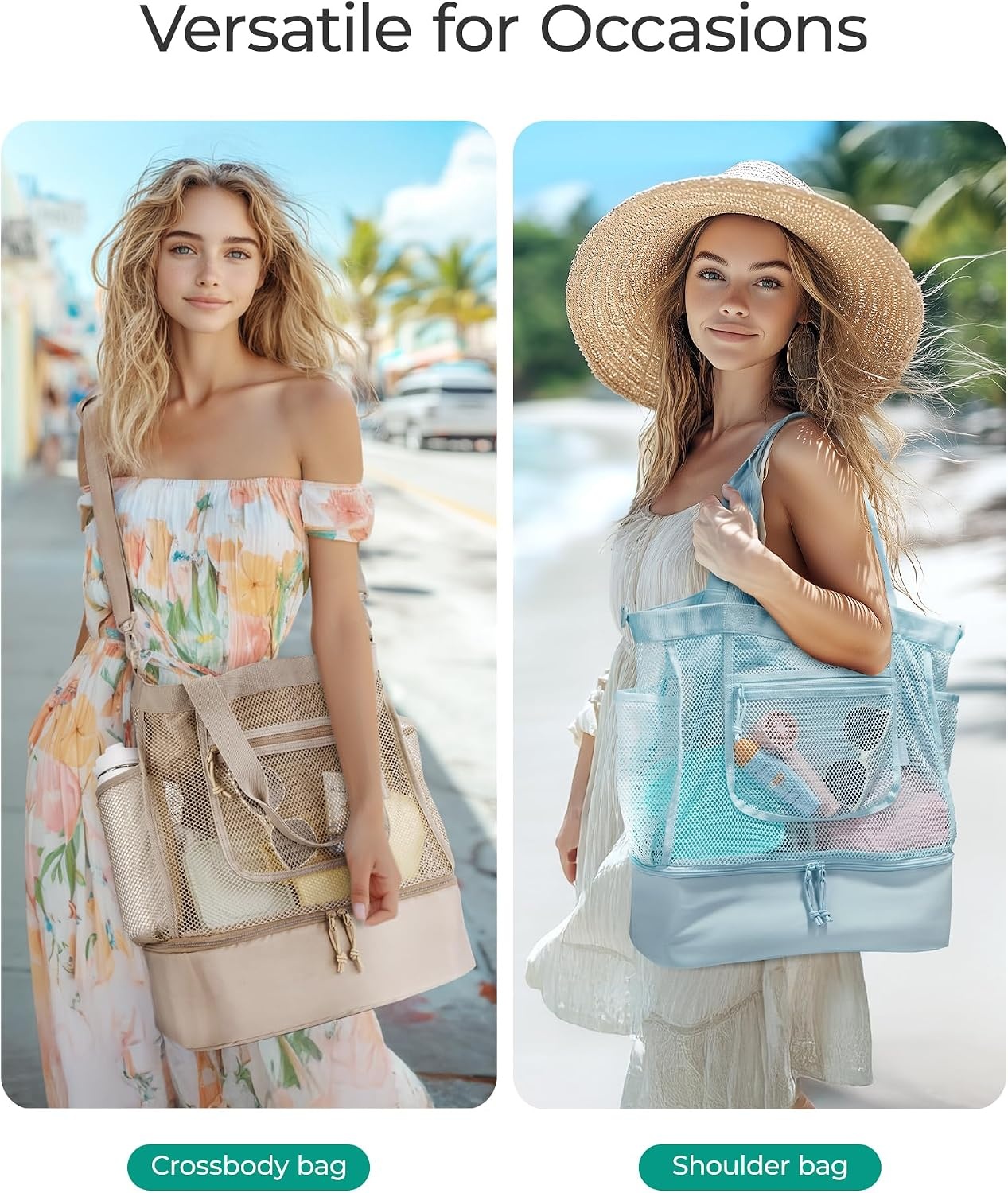 image:imageBAGSMART Beach Bag for Women Mesh Tote Bags with Zipper Sandproof Vacation Essentials with Cooler for Swim Cruise PoolAcamel