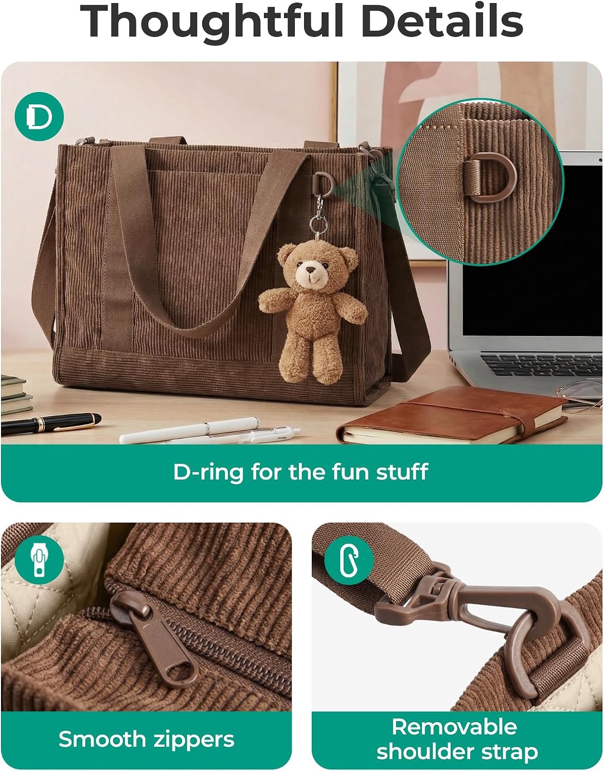 image:imageBAGSMART Corduroy Tote Bag for Women Small College Teacher Laptop HandbagLight Green