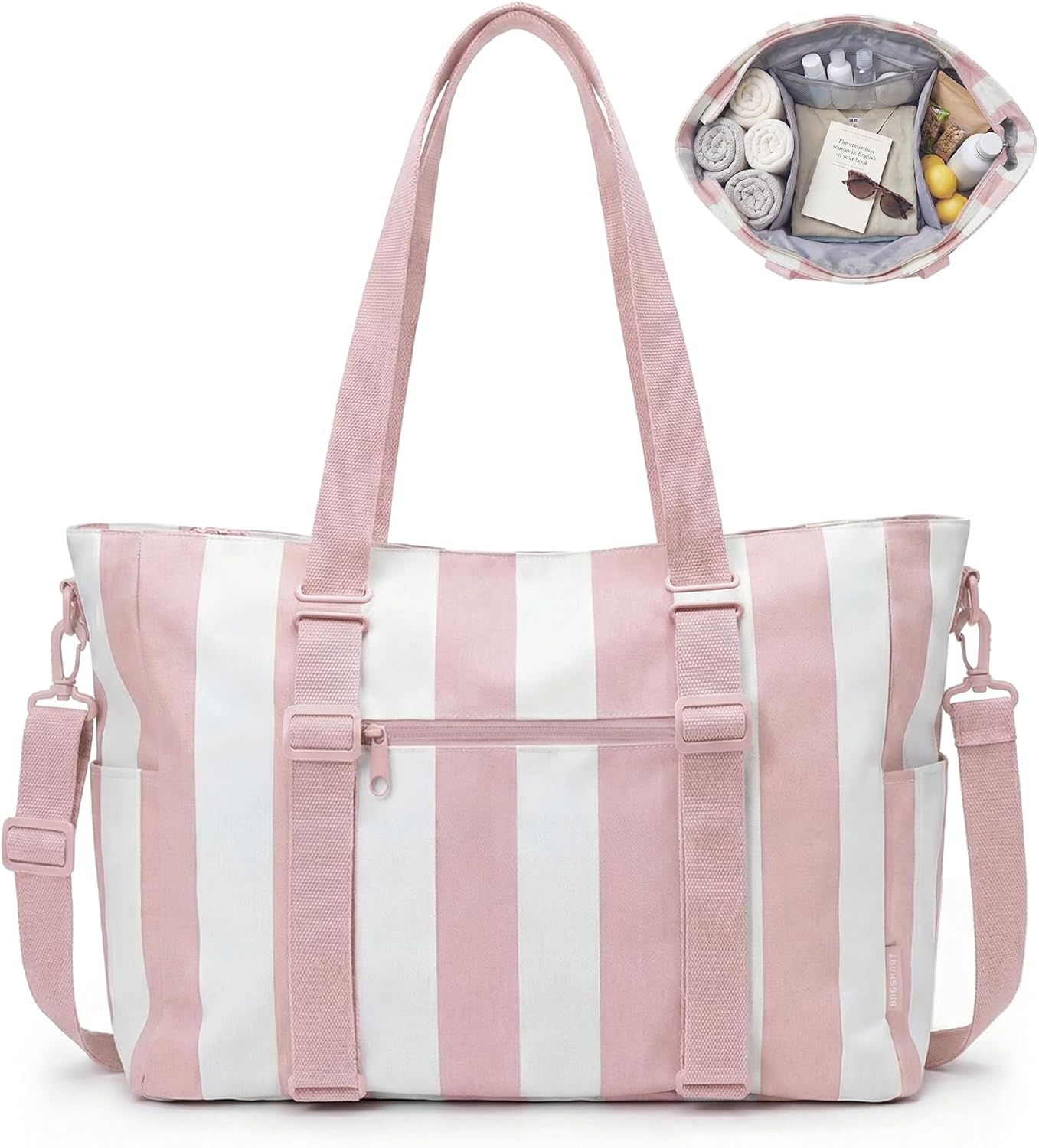 image:imageBAGSMART Large Beach Bag for Women Oversize Tote Bag for TravelSwim PoolSummerPink Stripe