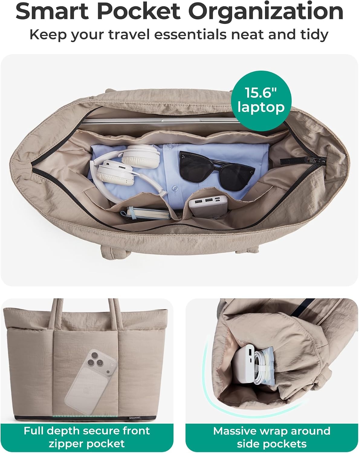 image:imageBAGSMART Puffer Tote Bag for Women Expandable Teacher Handbag wPouchLatte Brown