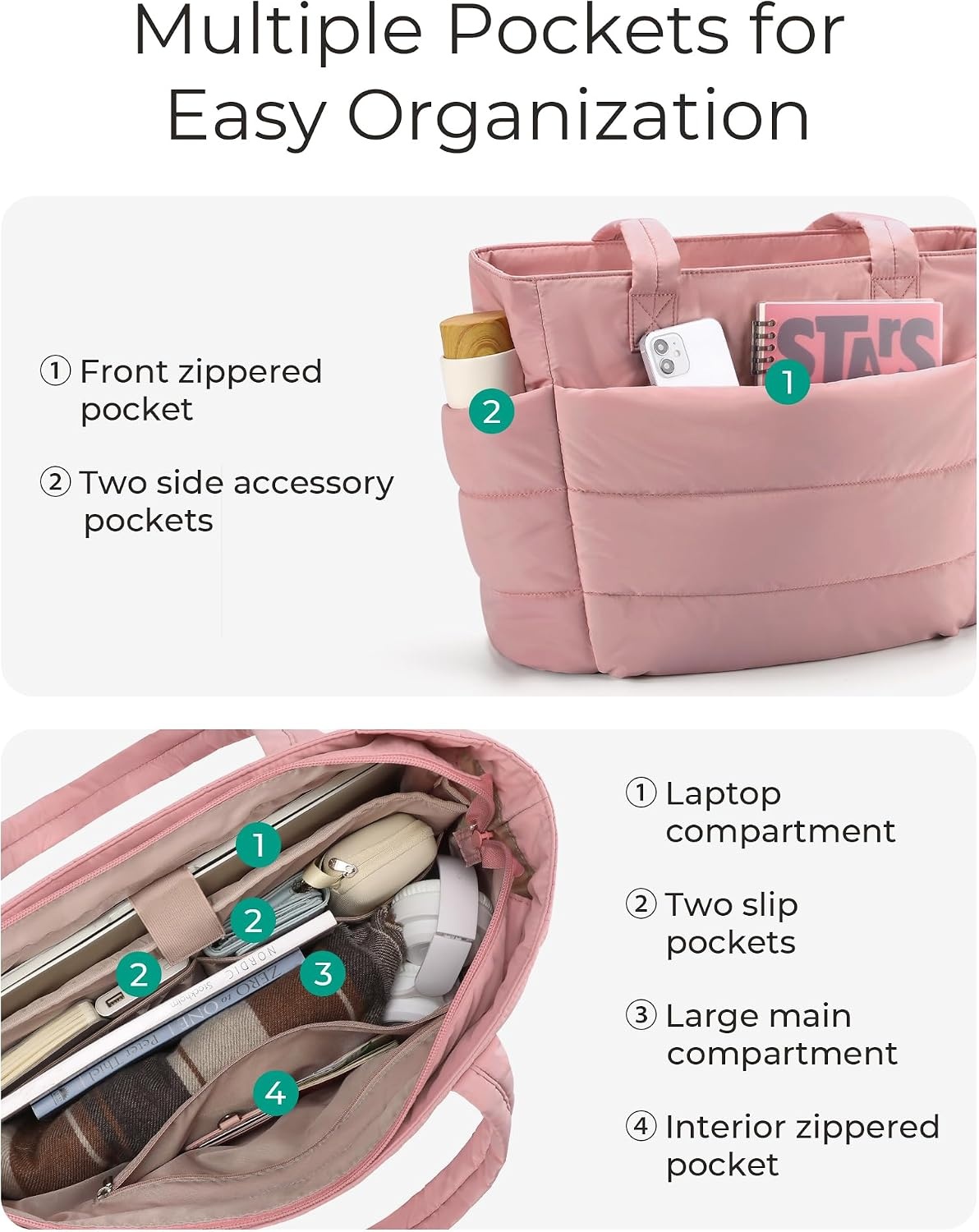 image:imageBAGSMART Puffy Tote Bag for Women Lightweight Work Tote HandbagDark Pink