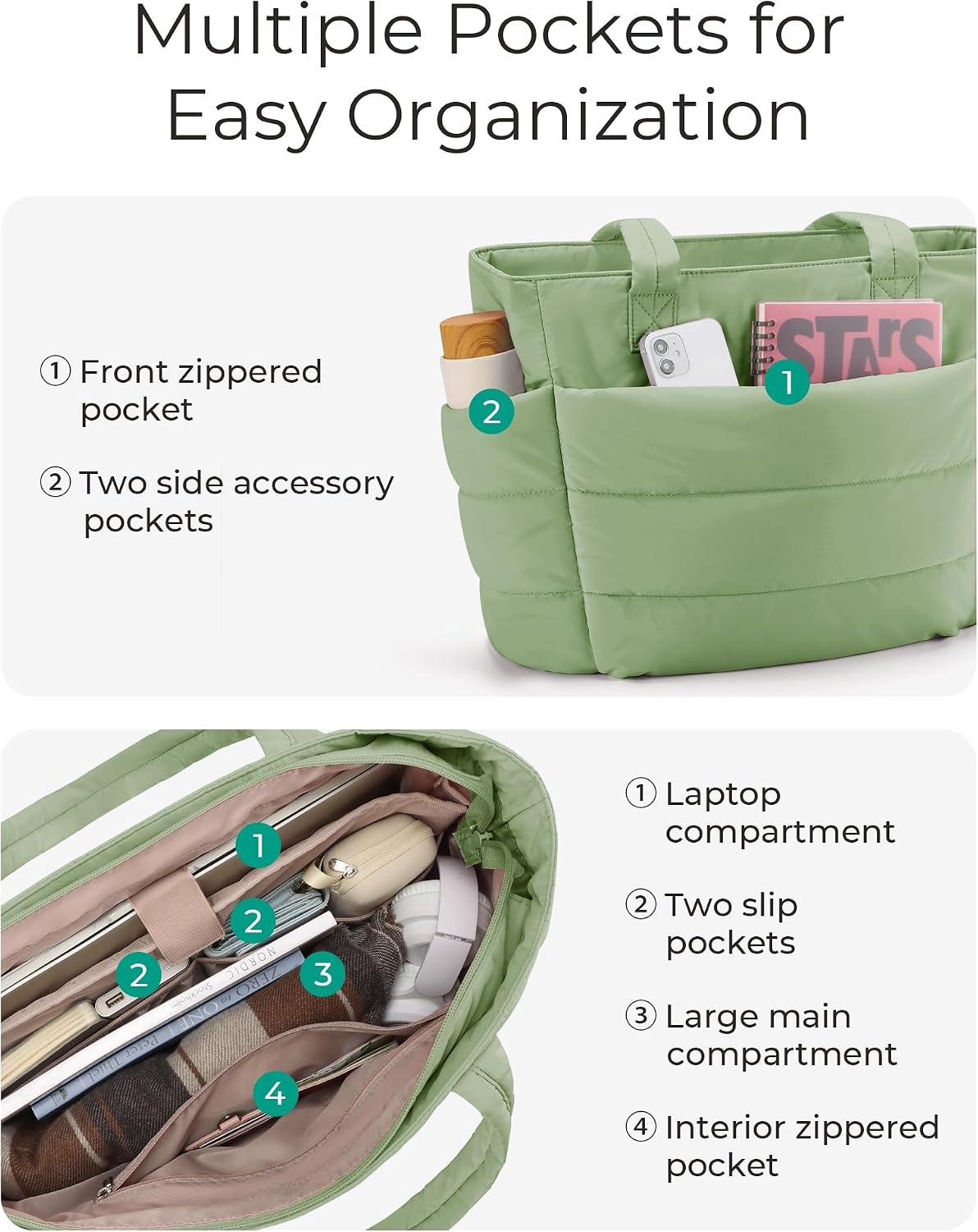 image:imageBAGSMART Puffy Tote Bag for Women Lightweight Work Tote HandbagGreen