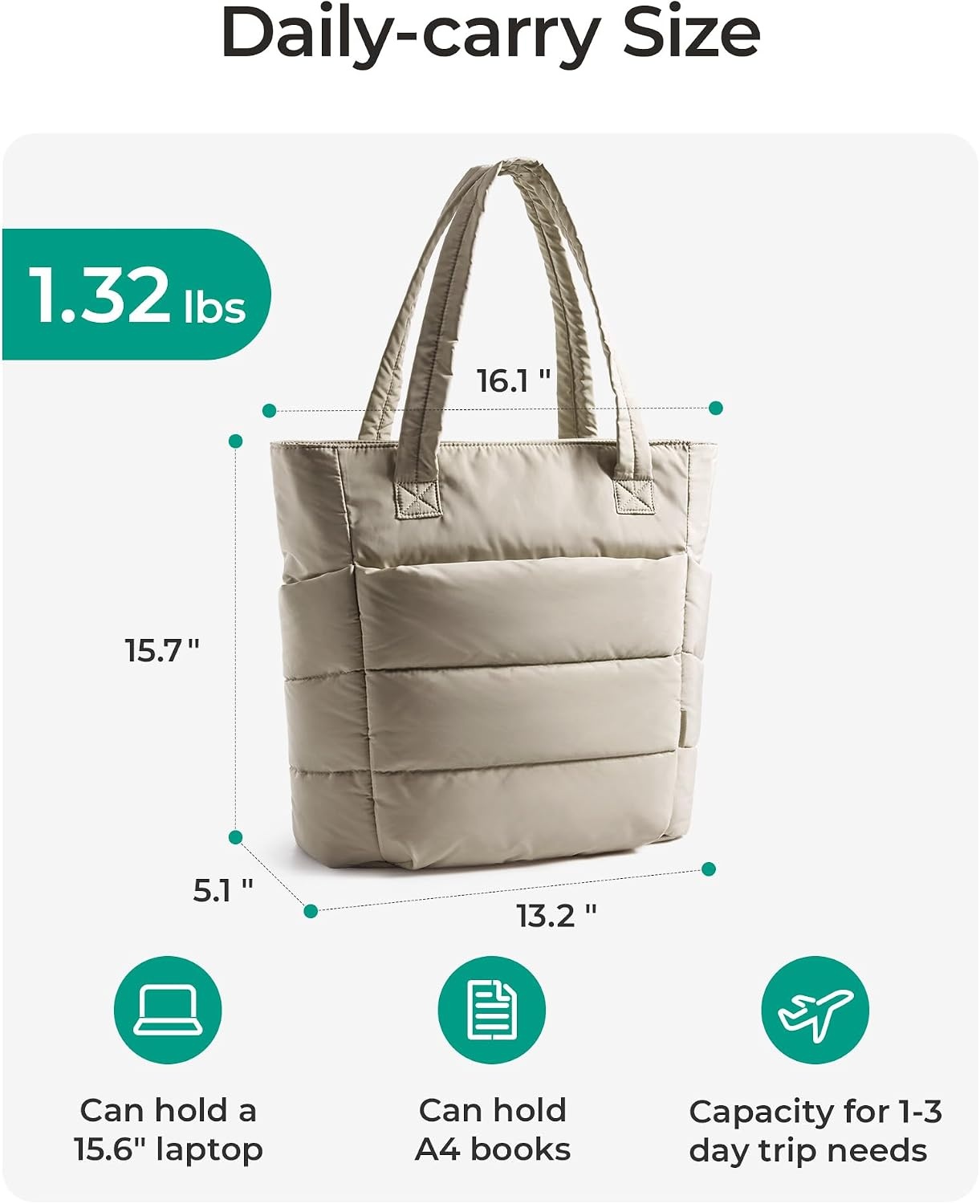 image:imageBAGSMART Puffy Tote Bag for Women Lightweight Work Tote HandbagLight Tan