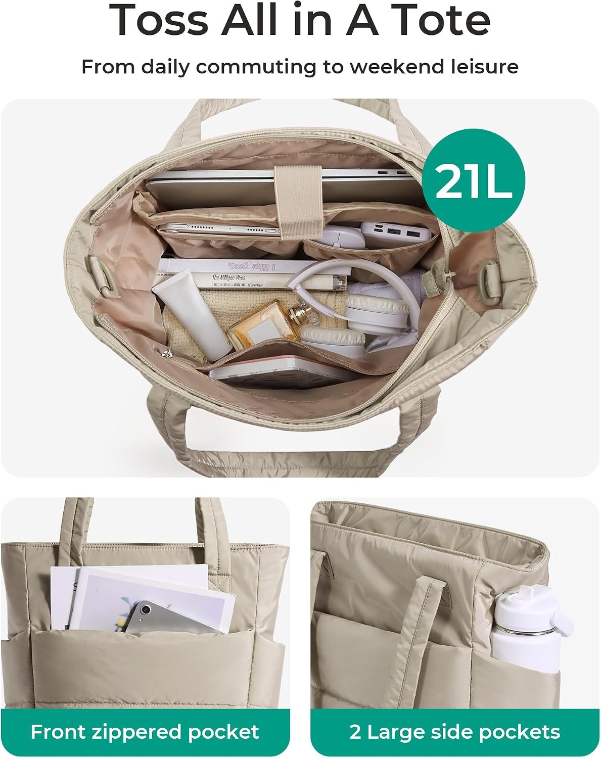 image:imageBAGSMART Puffy Tote Bag for Women Lightweight Work Tote HandbagLight Tan