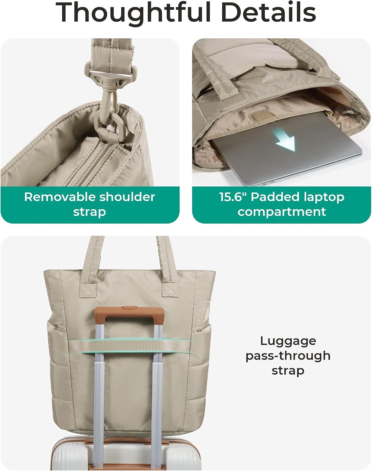 image:imageBAGSMART Puffy Tote Bag for Women Lightweight Work Tote HandbagLight Tan