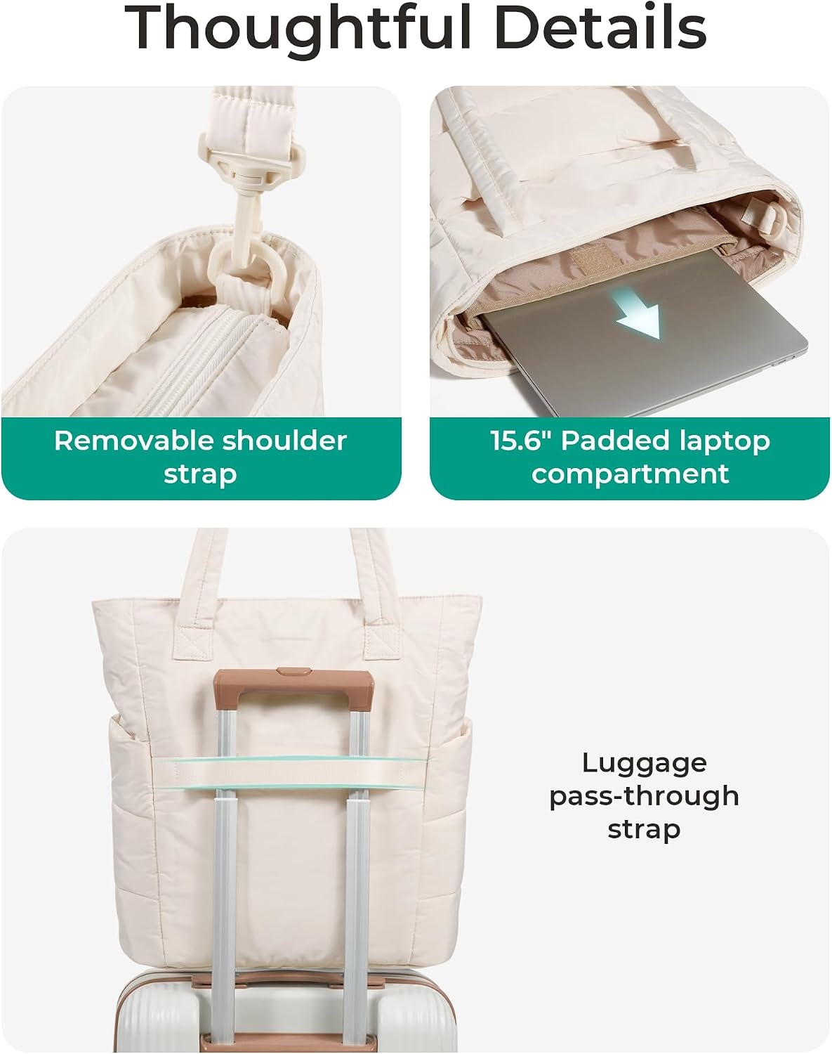 image:imageBAGSMART Puffy Tote Bag for Women Lightweight Work Tote HandbagOyster White