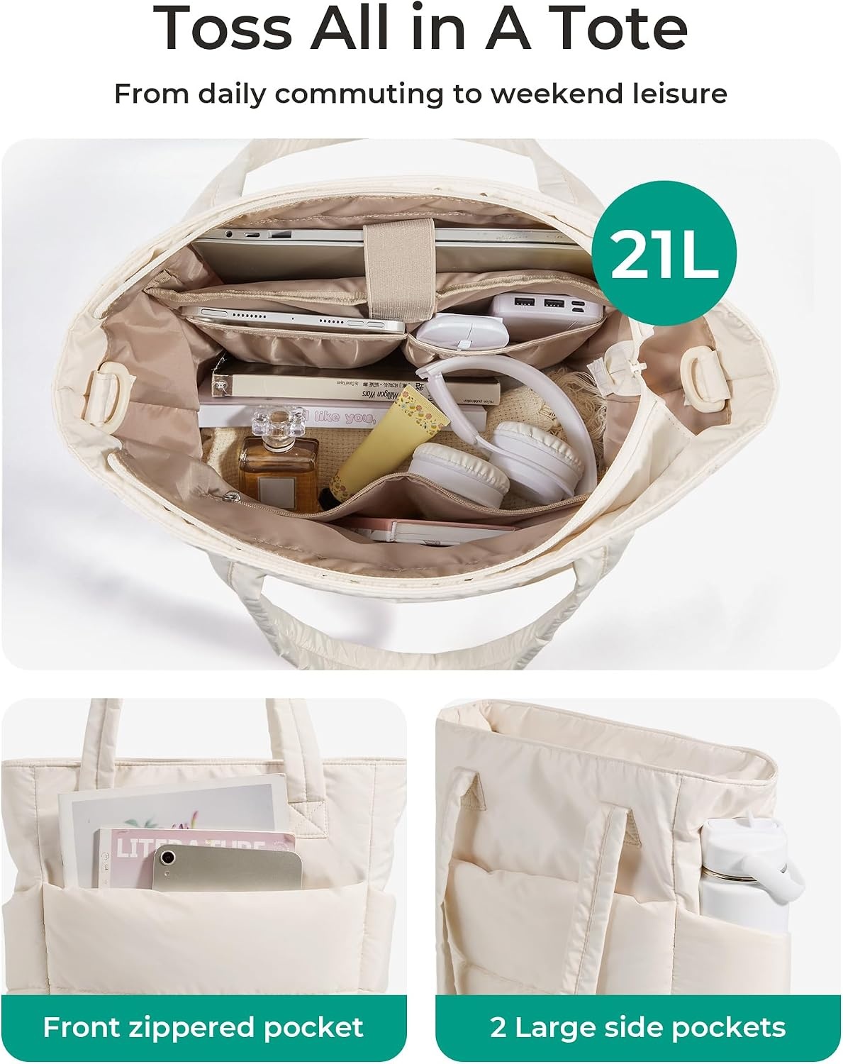 image:imageBAGSMART Puffy Tote Bag for Women Lightweight Work Tote HandbagOyster White