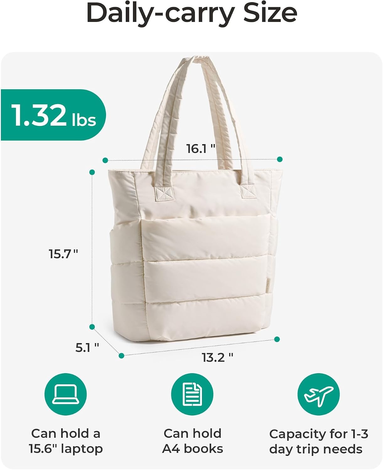 image:imageBAGSMART Puffy Tote Bag for Women Lightweight Work Tote HandbagOyster White