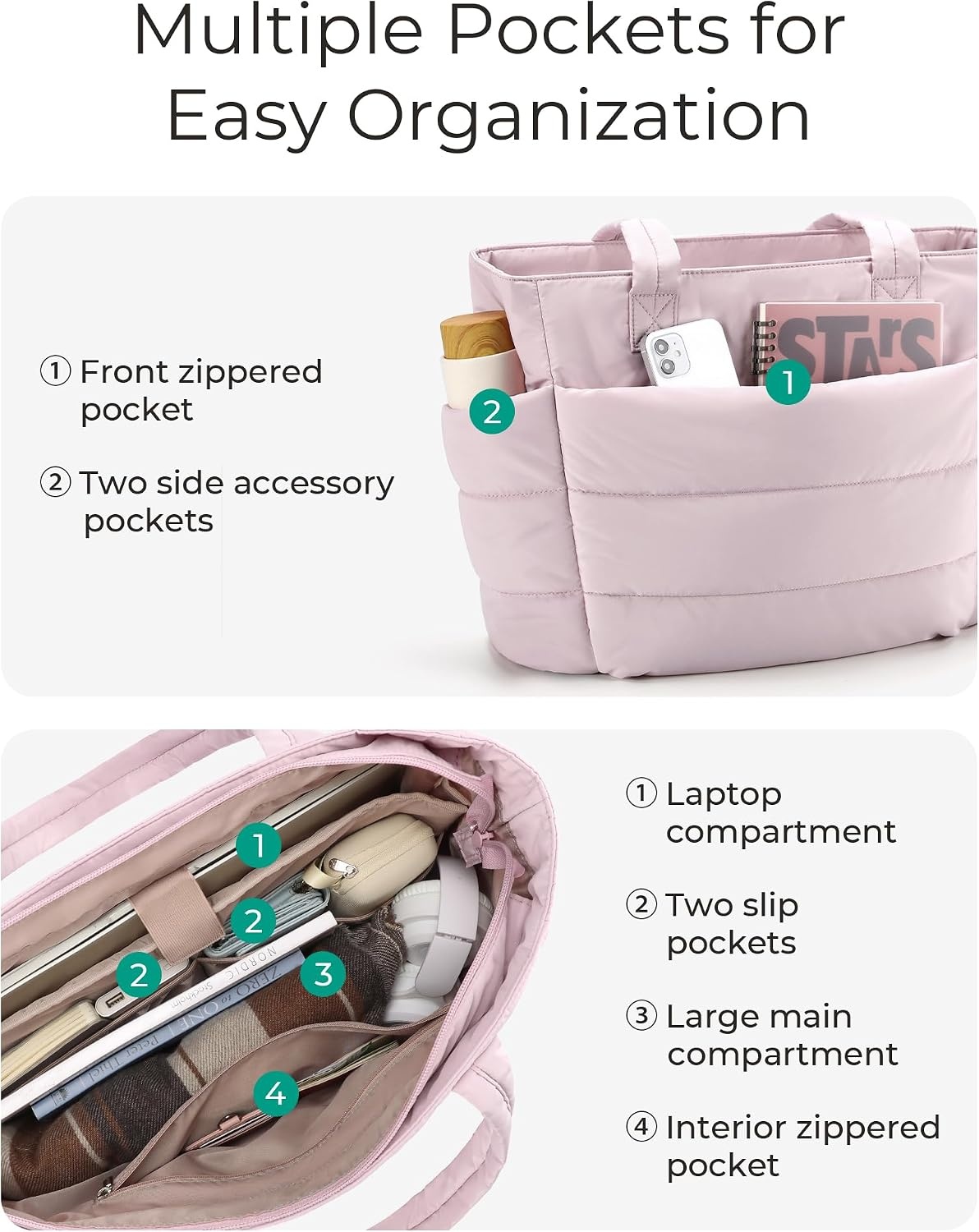 image:imageBAGSMART Puffy Tote Bag for Women Lightweight Work Tote HandbagPink