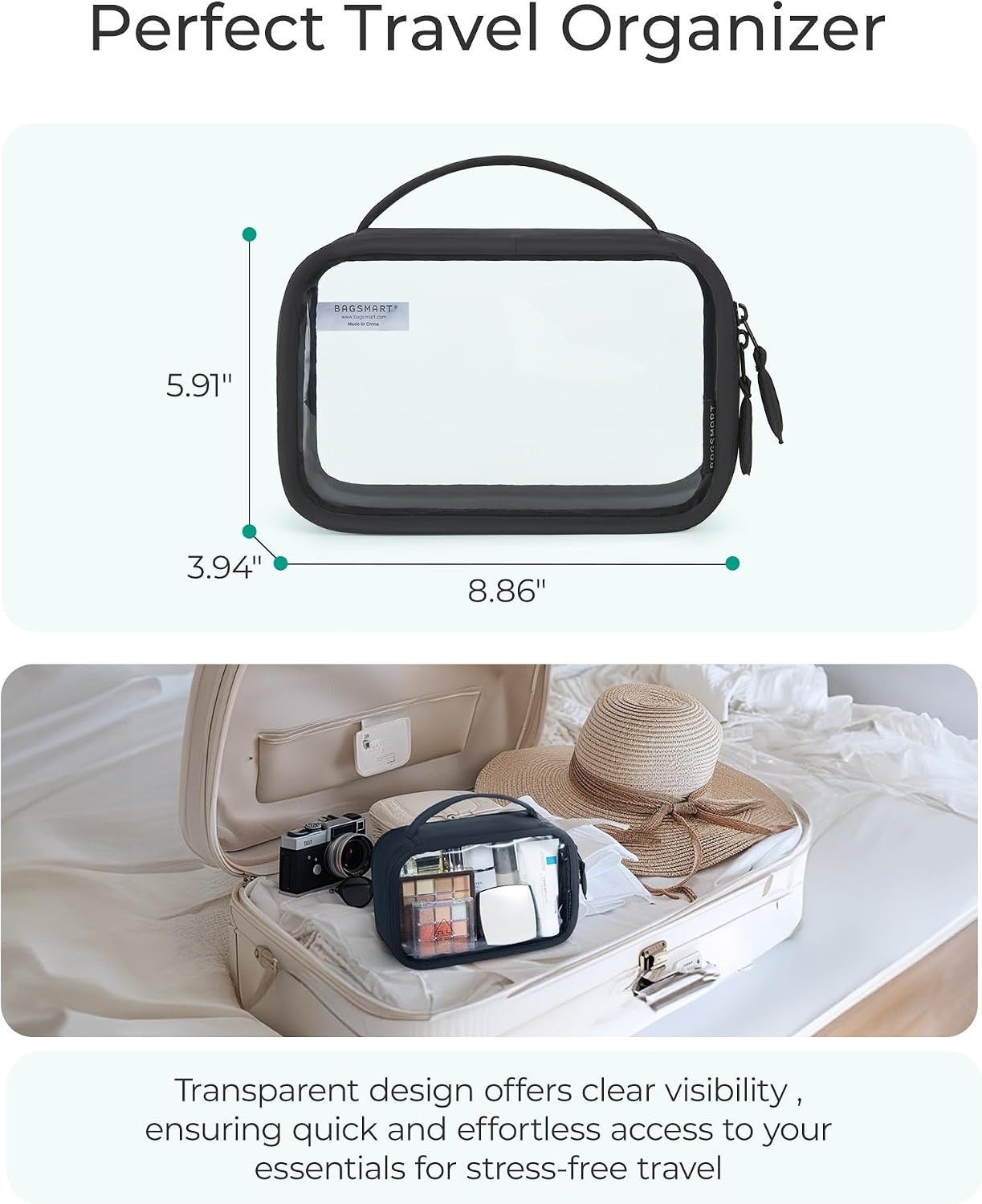 image:imageBAGSMART TSAApproved Toiletry Bag Large Opening Clear Makeup Bag with Handle Quart Sized Travel Toiletry Bag CarryOn Airline Compliant for Men and Women BlackBlush Pink