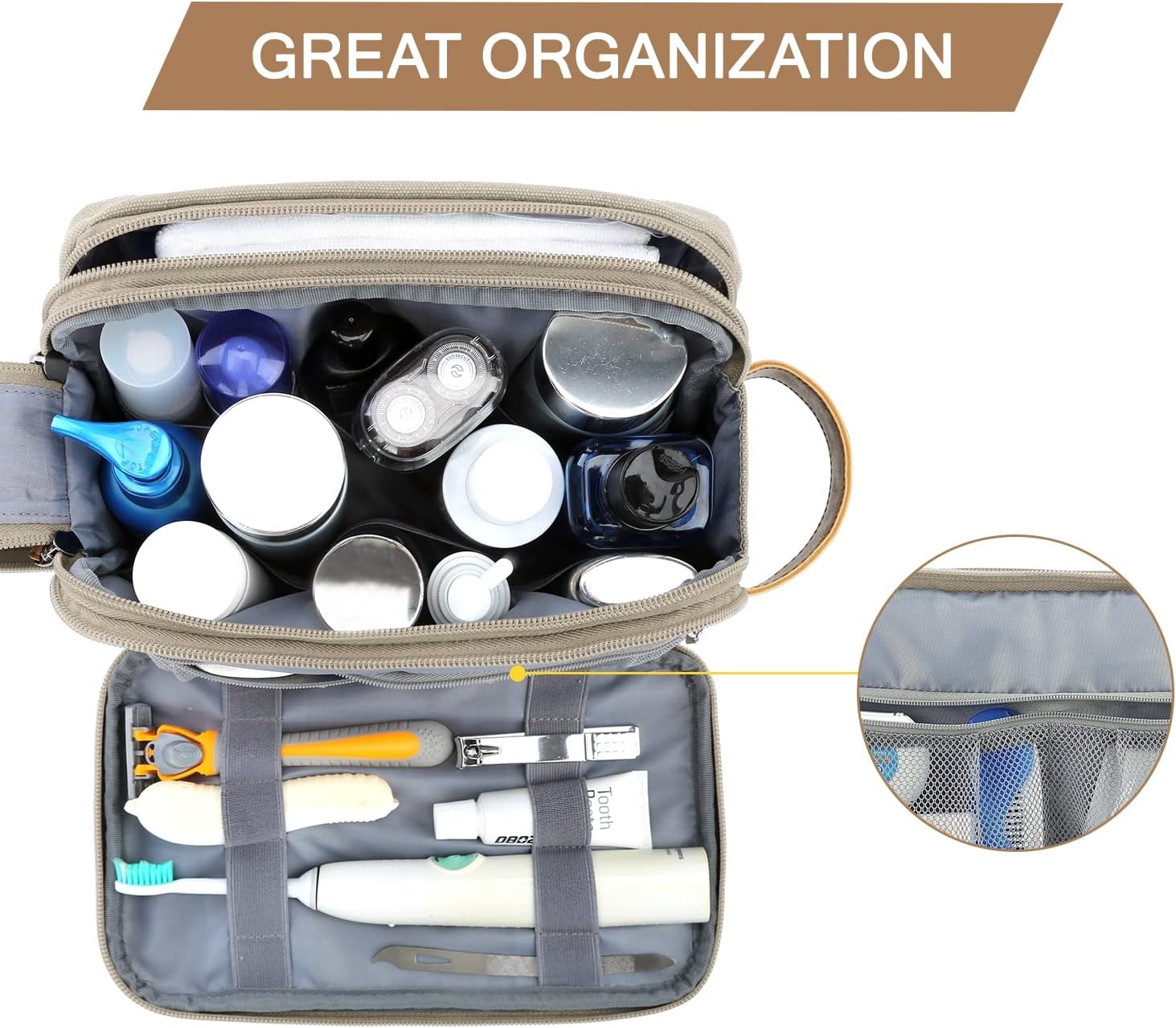 image:imageBAGSMART Toiletry Bag for Men Canvas Travel Toiletry Organizer Dopp Kit Waterresistant Shaving Bag for Toiletries AccessoriesGreyMediumBeige