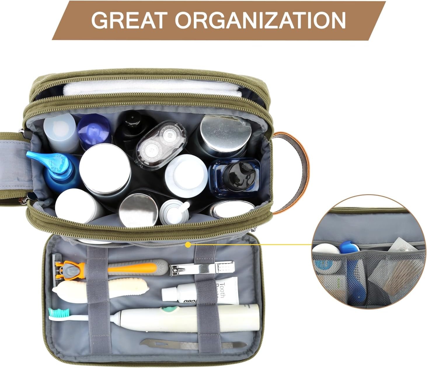 image:imageBAGSMART Toiletry Bag for Men Canvas Travel Toiletry Organizer Dopp Kit Waterresistant Shaving Bag for Toiletries AccessoriesGreyMediumGreen