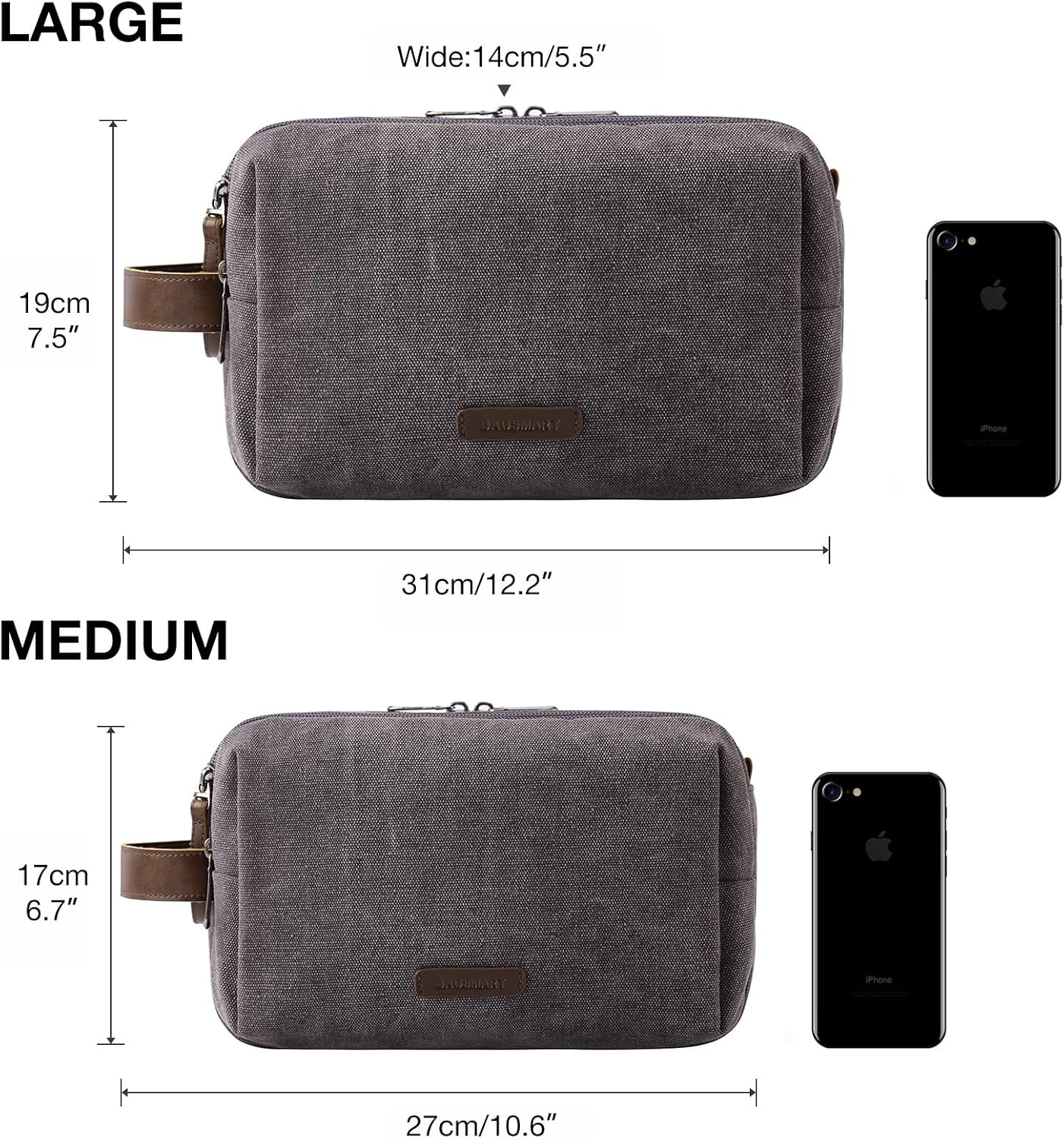 image:imageBAGSMART Toiletry Bag for Men Canvas Travel Toiletry Organizer Dopp Kit Waterresistant Shaving Bag for Toiletries AccessoriesGreyMediumGrey