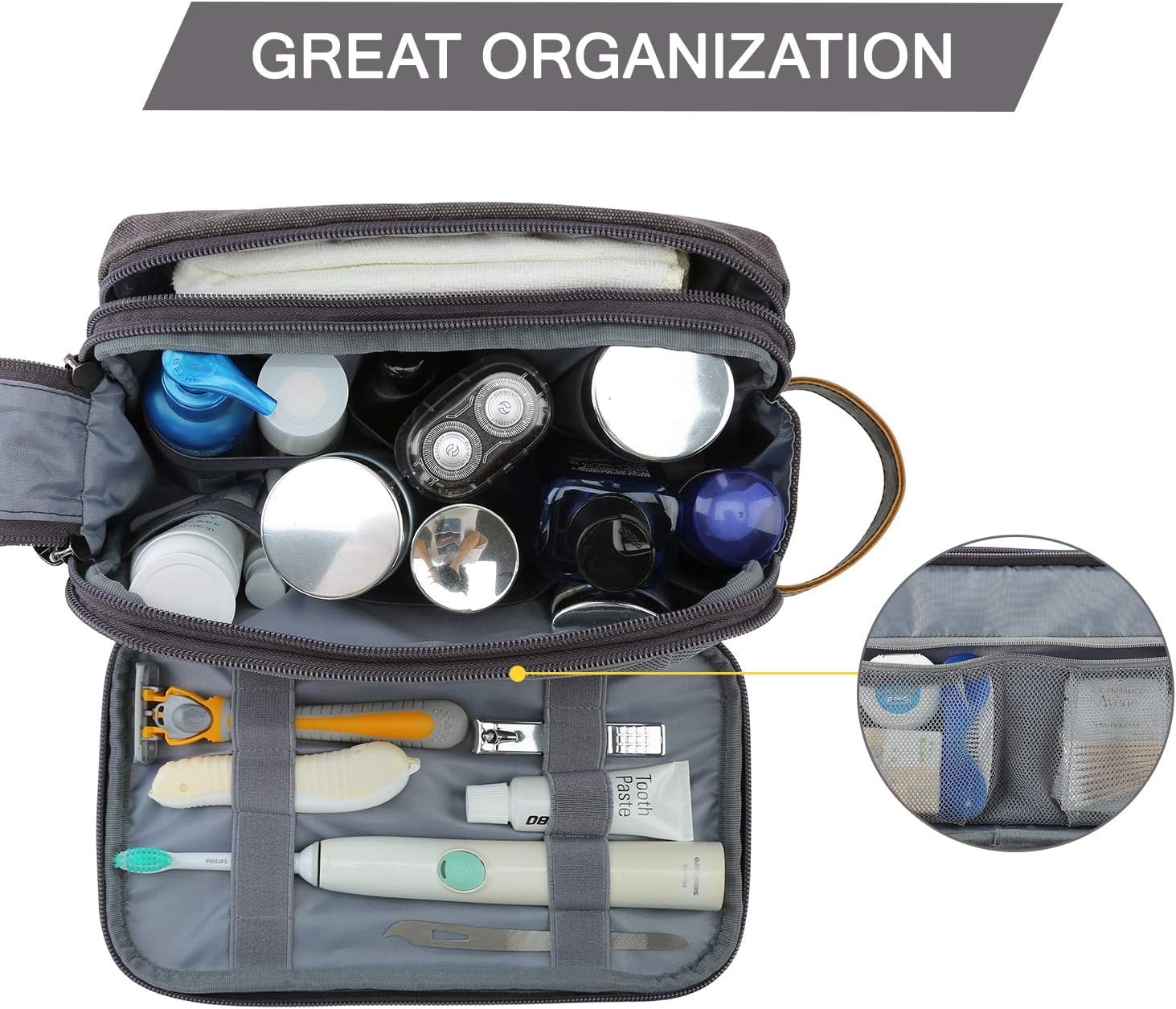 image:imageBAGSMART Toiletry Bag for Men Canvas Travel Toiletry Organizer Dopp Kit Waterresistant Shaving Bag for Toiletries AccessoriesGreyMediumGrey