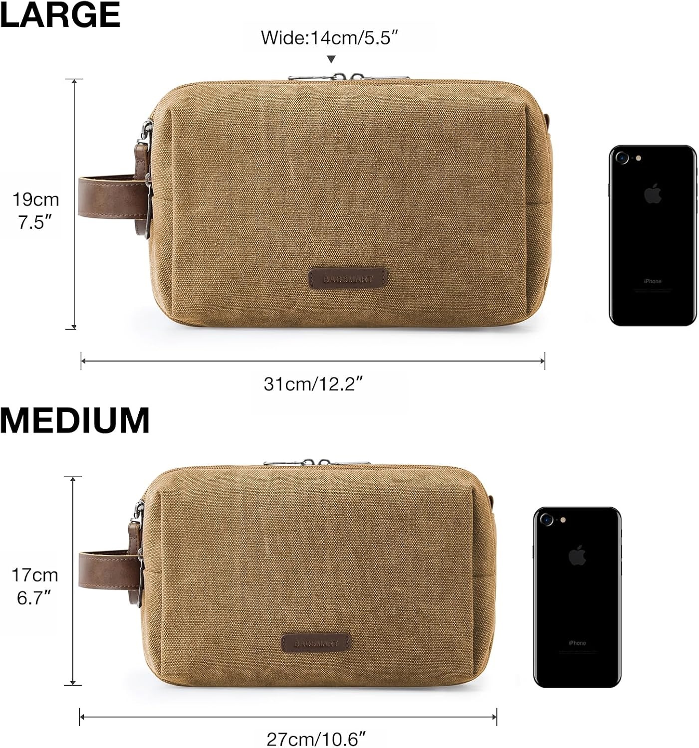 image:imageBAGSMART Toiletry Bag for Men Canvas Travel Toiletry Organizer Dopp Kit Waterresistant Shaving Bag for Toiletries AccessoriesGreyMediumKhaki