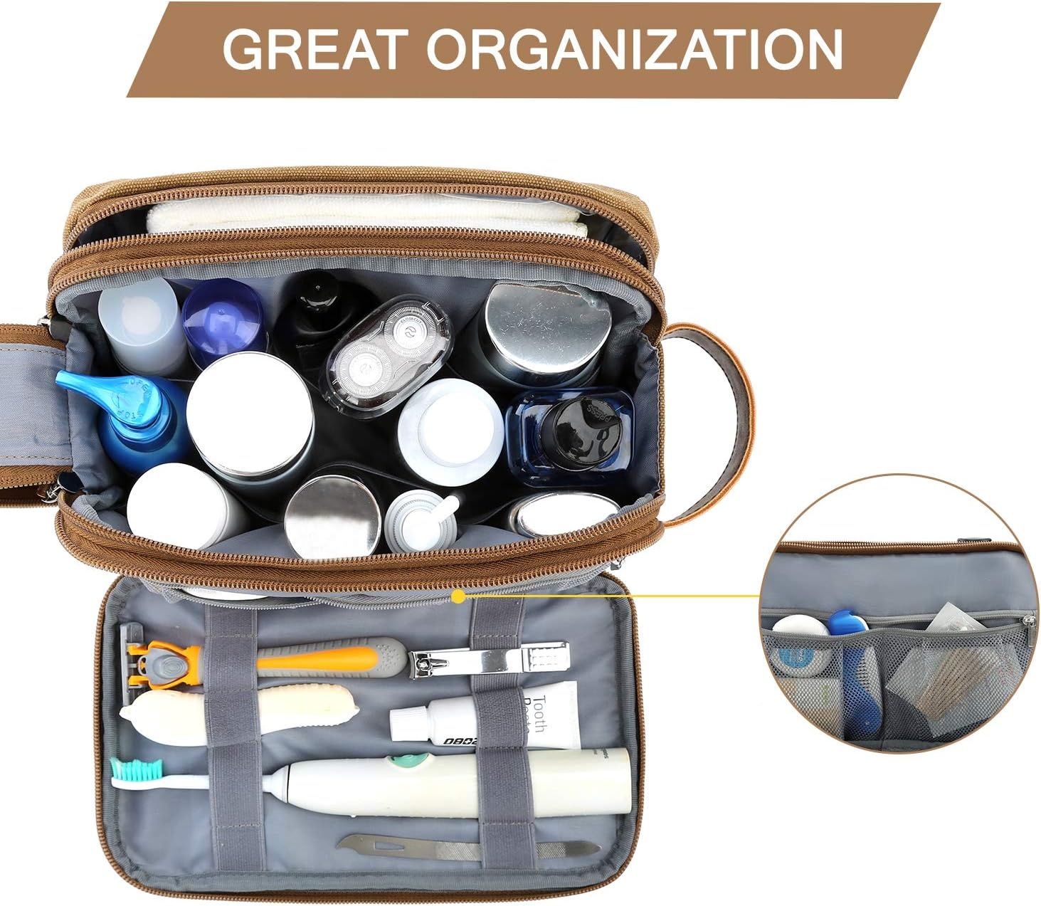 image:imageBAGSMART Toiletry Bag for Men Canvas Travel Toiletry Organizer Dopp Kit Waterresistant Shaving Bag for Toiletries AccessoriesGreyMediumKhaki