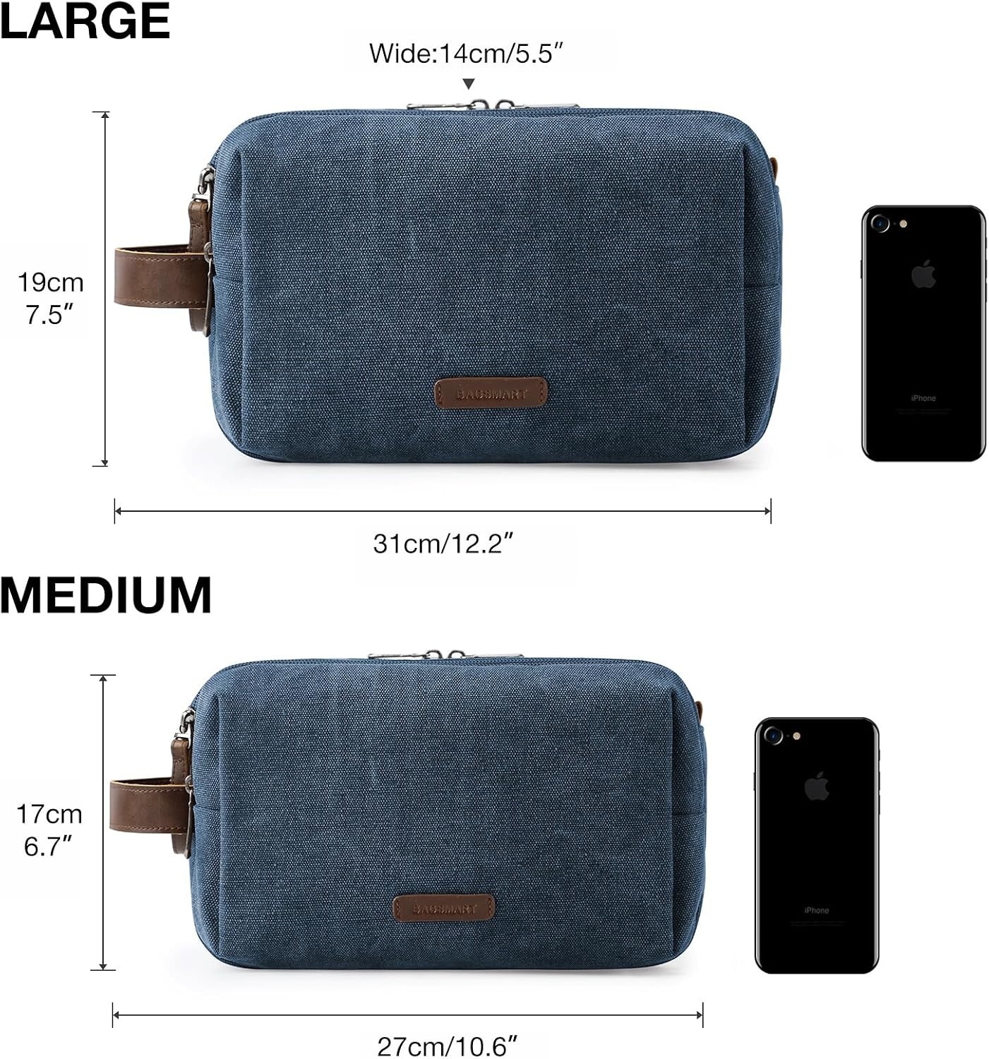 image:imageBAGSMART Toiletry Bag for Men Canvas Travel Toiletry Organizer Dopp Kit Waterresistant Shaving Bag for Toiletries AccessoriesGreyMediumNavy Blue