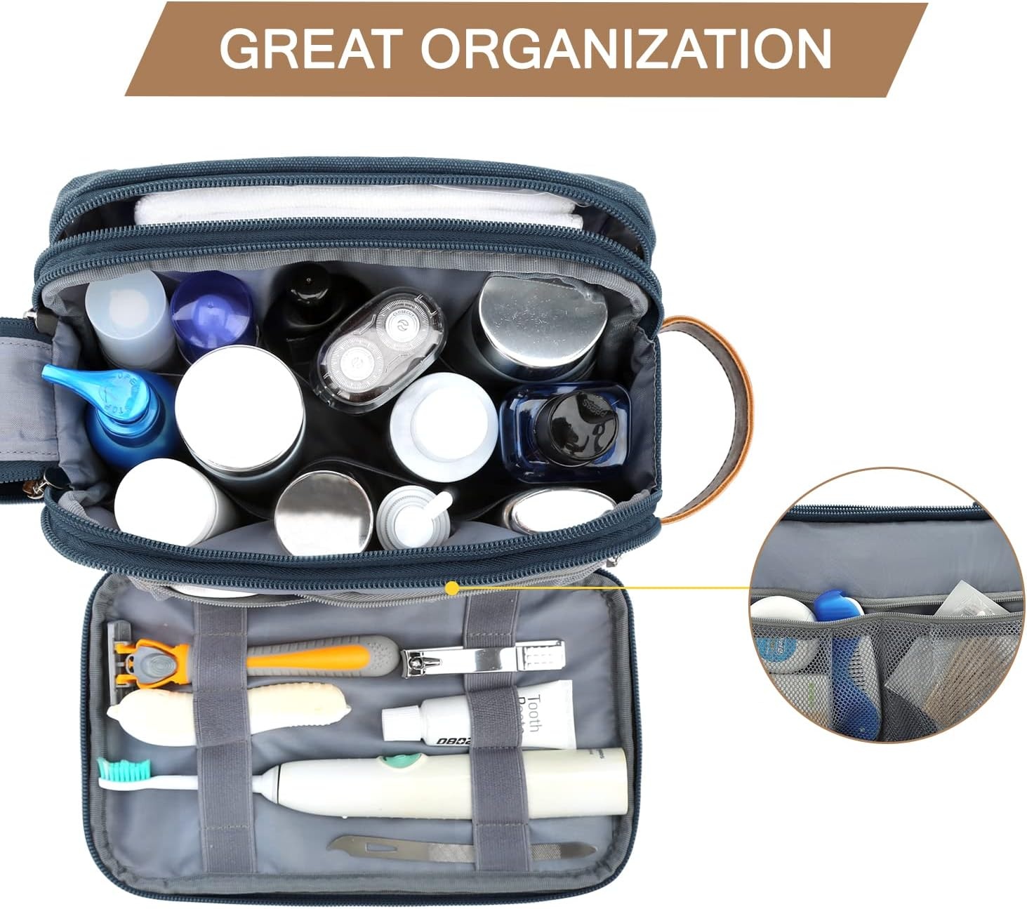 image:imageBAGSMART Toiletry Bag for Men Canvas Travel Toiletry Organizer Dopp Kit Waterresistant Shaving Bag for Toiletries AccessoriesGreyMediumNavy Blue