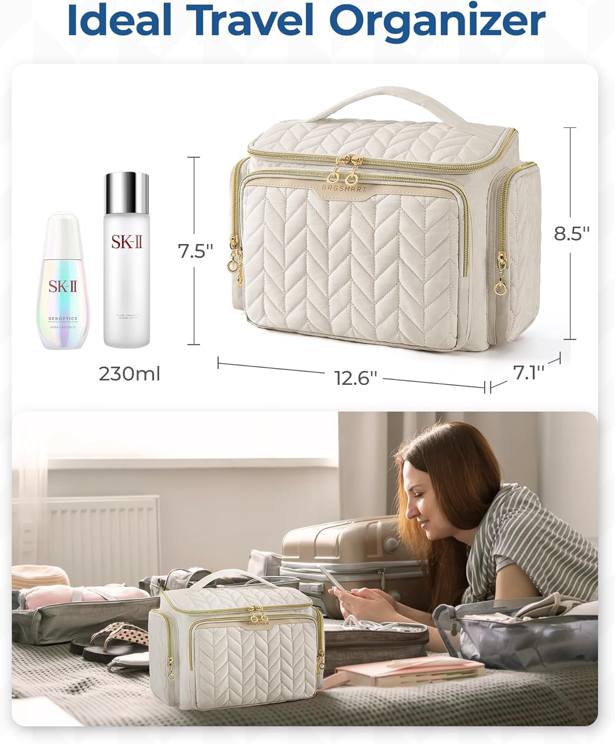 image:imageBAGSMART Travel Toiletry Bag Large Wideopen Travel Bag for Toiletries Makeup Cosmetic Travel Bag with HandleCamelDark Pink