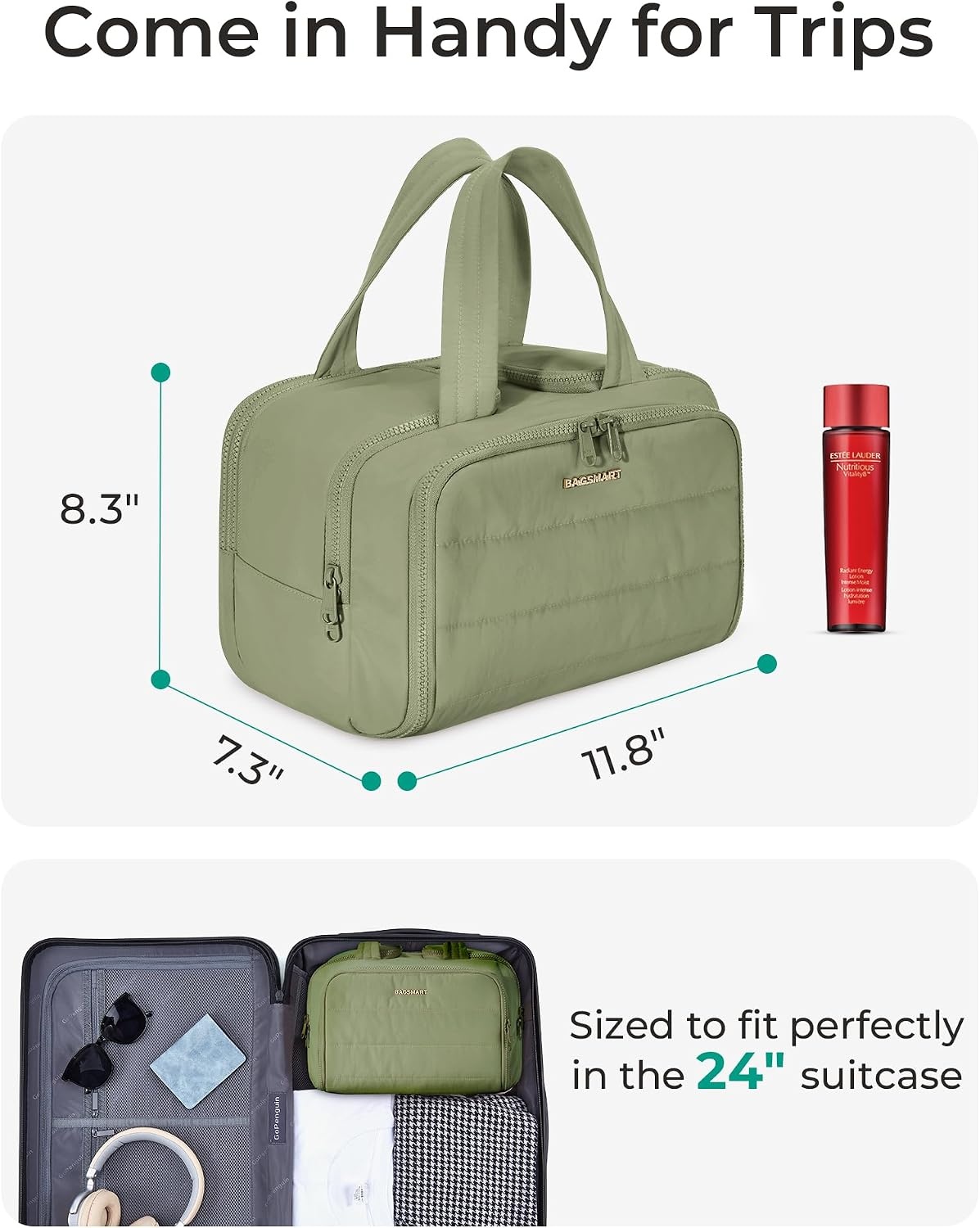 image:imageBAGSMART Travel Toiletry Bag Lightweight Large Wideopen Travel Bag for Women Puffy Cosmetic Makeup Bag Organizer with Handle for AccessoriesEssentials Toiletries Dark PinkeArmy Green