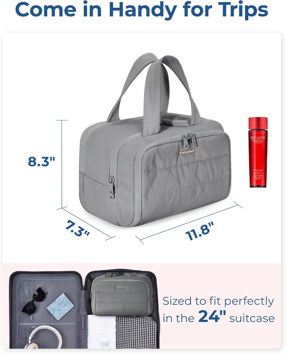 image:imageBAGSMART Travel Toiletry Bag Lightweight Large Wideopen Travel Bag for Women Puffy Cosmetic Makeup Bag Organizer with Handle for AccessoriesEssentials Toiletries Dark PinkeGrey