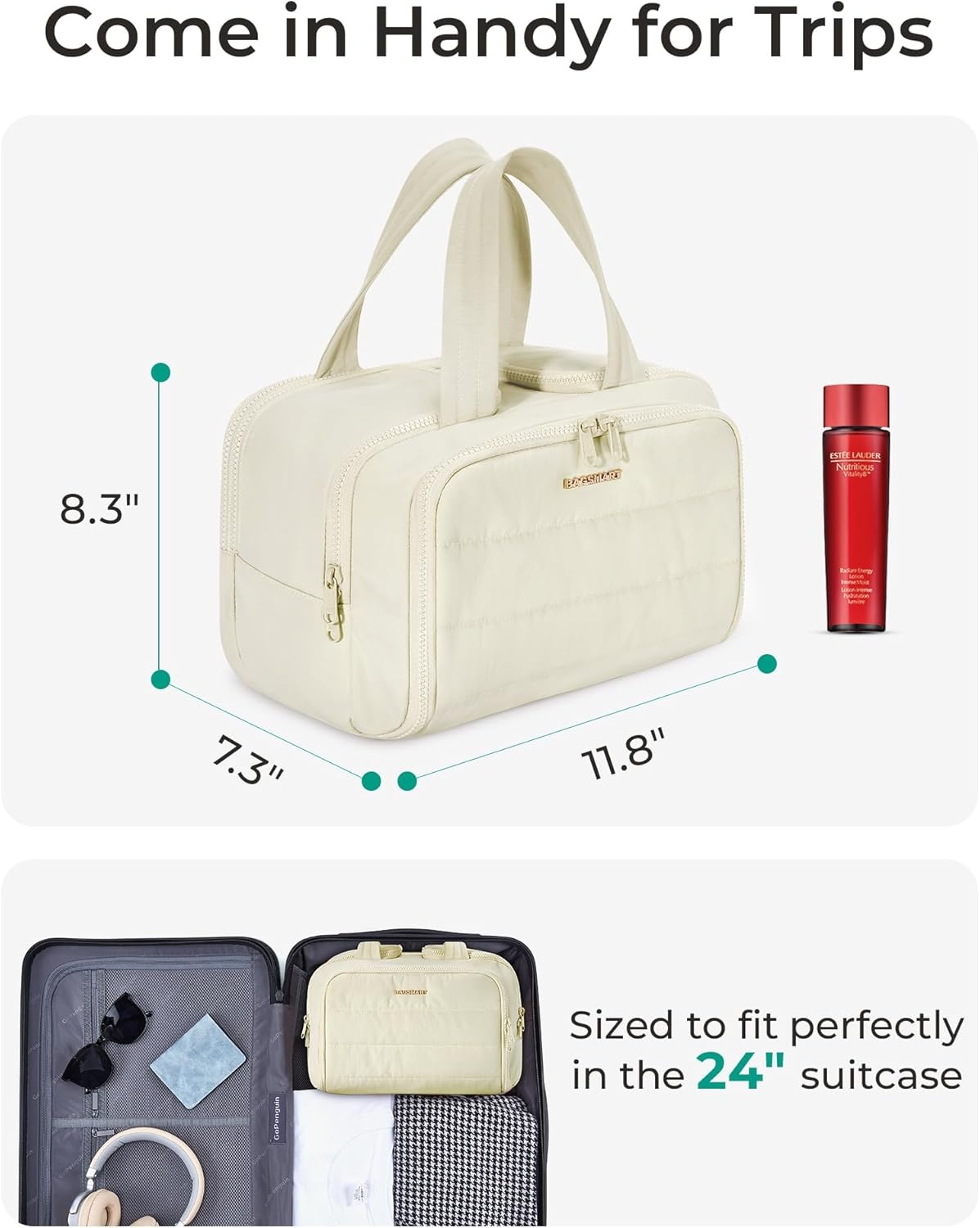 image:imageBAGSMART Travel Toiletry Bag Lightweight Large Wideopen Travel Bag for Women Puffy Cosmetic Makeup Bag Organizer with Handle for AccessoriesEssentials Toiletries Dark PinkdBeige