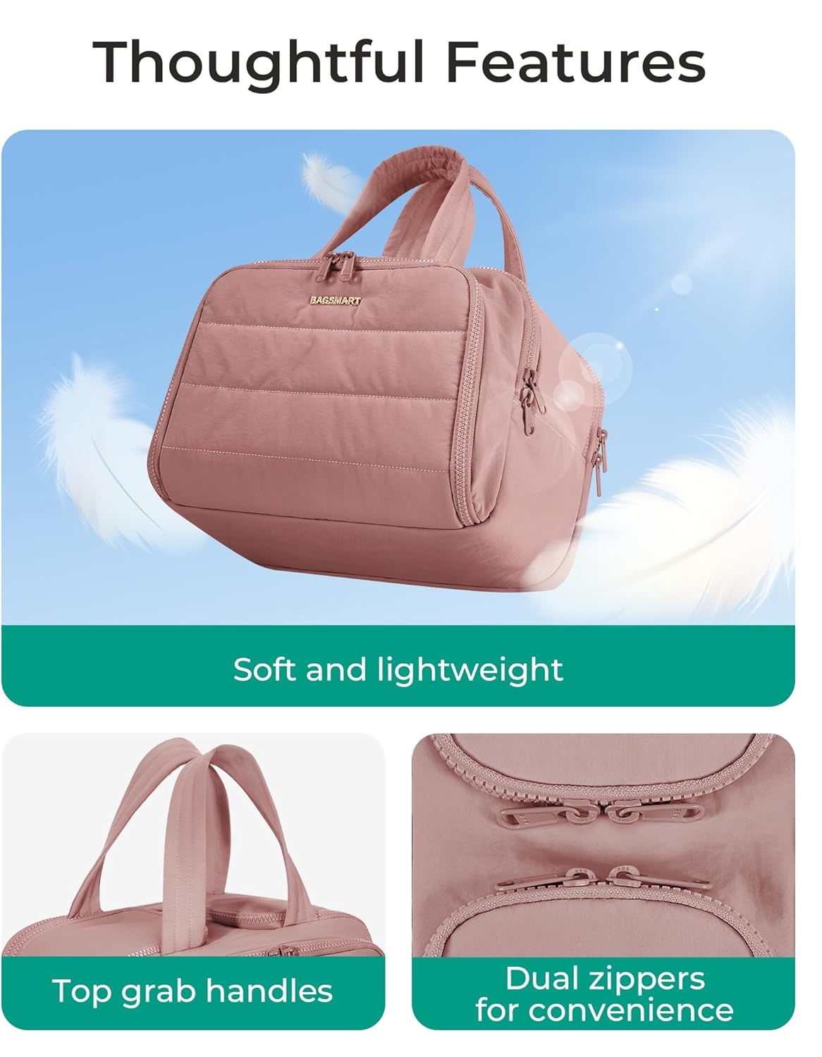 image:imageBAGSMART Travel Toiletry Bag Lightweight Large Wideopen Travel Bag for Women Puffy Cosmetic Makeup Bag Organizer with Handle for AccessoriesEssentials Toiletries Dark PinkDark Pink