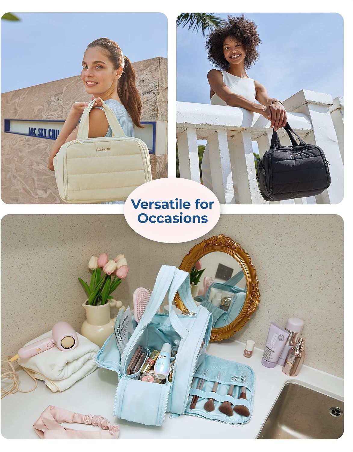 image:imageBAGSMART Travel Toiletry Bag Lightweight Large Wideopen Travel Bag for Women Puffy Cosmetic Makeup Bag Organizer with Handle for AccessoriesEssentials Toiletries Dark PinkdBlue