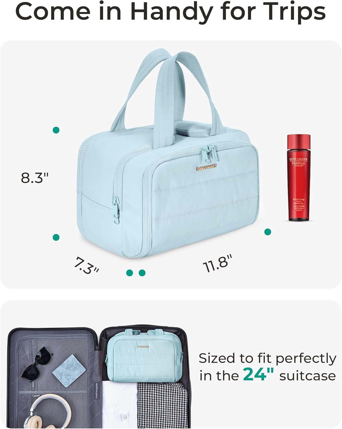 image:imageBAGSMART Travel Toiletry Bag Lightweight Large Wideopen Travel Bag for Women Puffy Cosmetic Makeup Bag Organizer with Handle for AccessoriesEssentials Toiletries Dark PinkdBlue