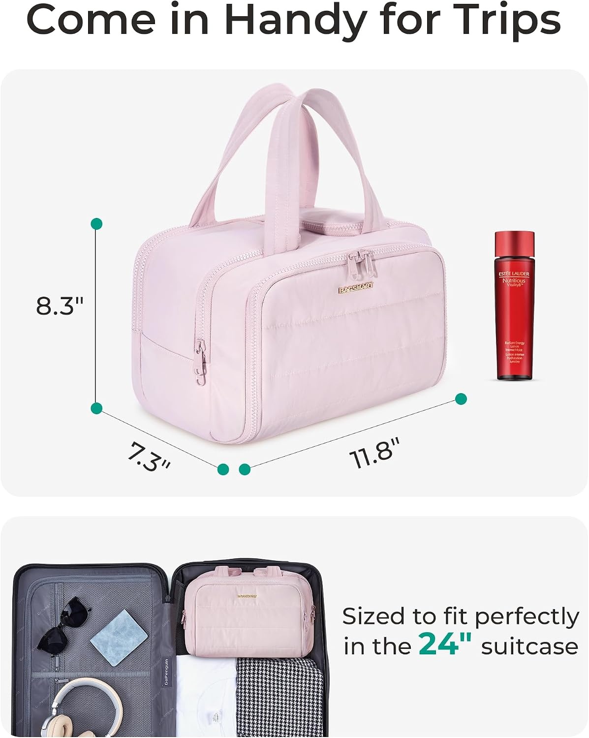 image:imageBAGSMART Travel Toiletry Bag Lightweight Large Wideopen Travel Bag for Women Puffy Cosmetic Makeup Bag Organizer with Handle for AccessoriesEssentials Toiletries Dark PinkdPink