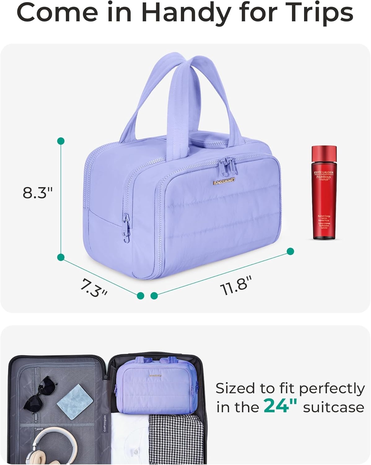 image:imageBAGSMART Travel Toiletry Bag Lightweight Large Wideopen Travel Bag for Women Puffy Cosmetic Makeup Bag Organizer with Handle for AccessoriesEssentials Toiletries Dark PinkdLight Purple