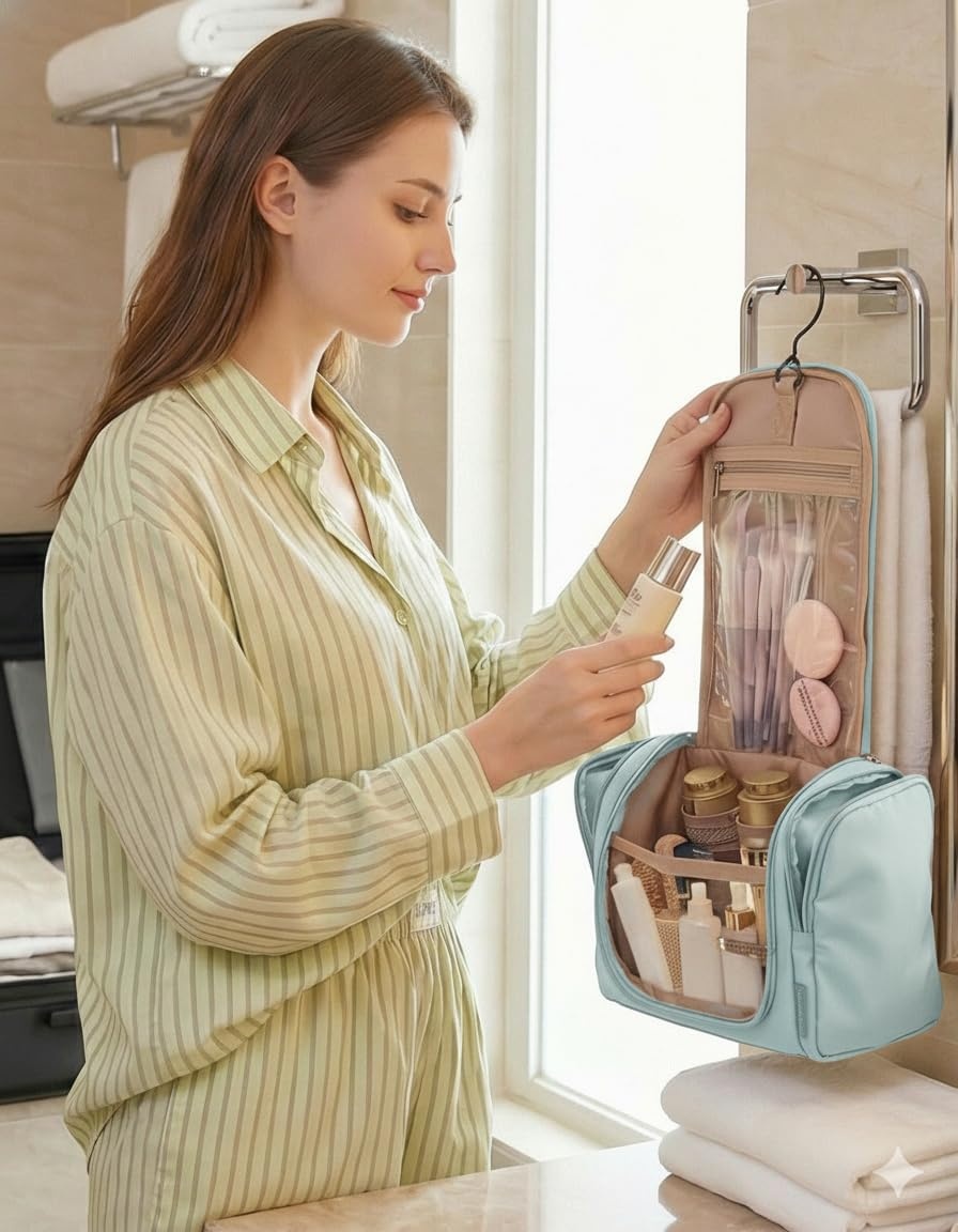 image:imageBAGSMART Travel Toiletry Bag for Women Puffy Hanging Toiletry Bag with Hook Waterresistant Toiletry Organizer for Full Sized Toiletries BlackBaby Blue