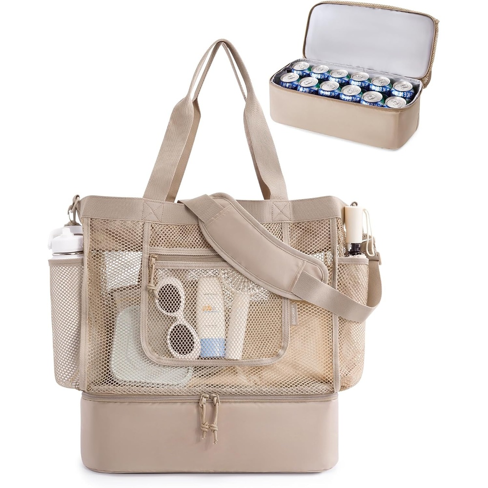 image:imageBAGSMART Beach Bag for Women Mesh Tote Bags with Zipper Sandproof Vacation Essentials with Cooler for Swim Cruise PoolAcamel