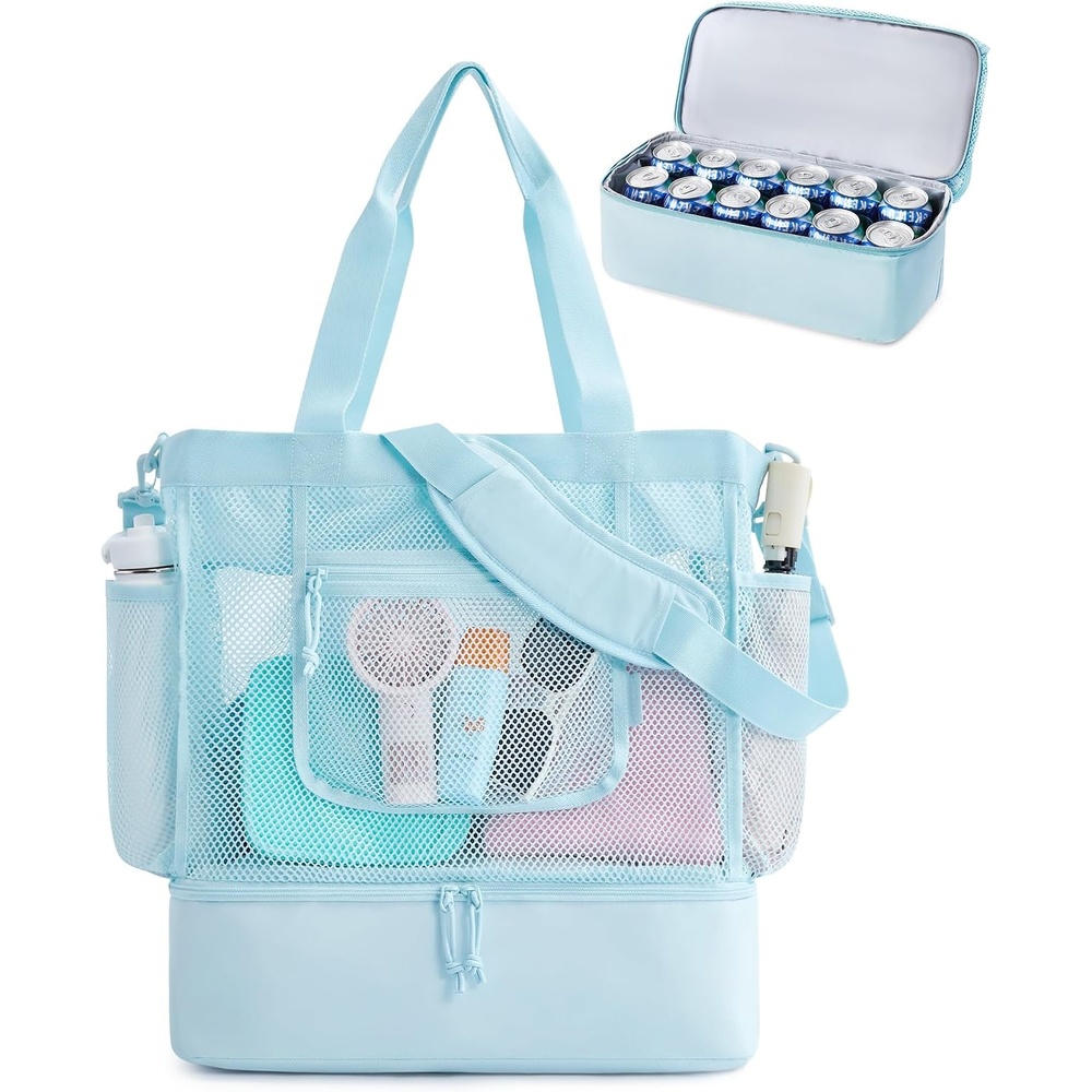 image:imageBAGSMART Beach Bag for Women Mesh Tote Bags with Zipper Sandproof Vacation Essentials with Cooler for Swim Cruise PoolSky Blue