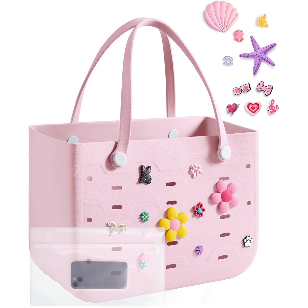 image:imageBAGSMART Beach Bag for Women Waterresistant Rubber Tote Bag Sandproof Vacation Essentials for Summer Swim Cruise PoolBaby Pink