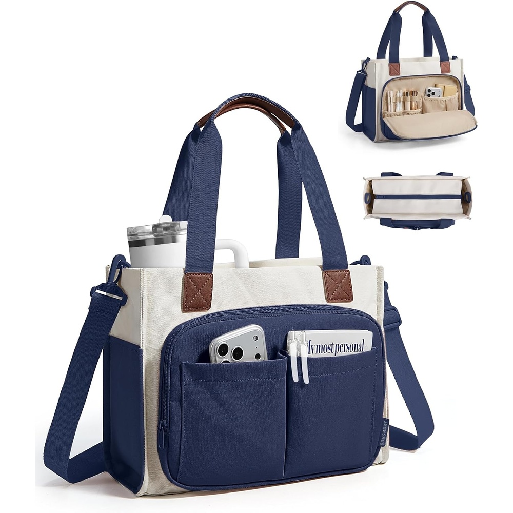 image:imageBAGSMART Canvas Tote Bag for Women Small Work Tote Bag with ZipperNavy