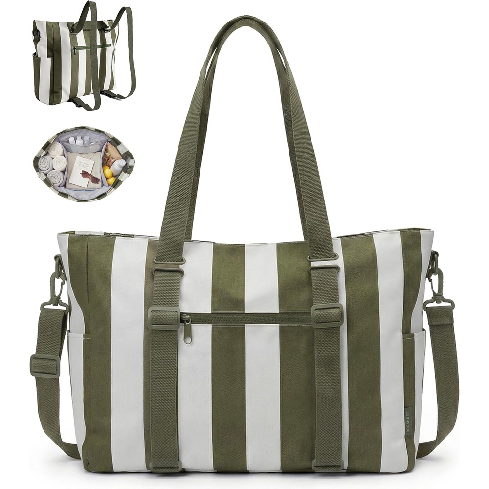 image:imageBAGSMART Large Beach Bag for Women Oversize Tote Bag for TravelSwim PoolSummerForest Green Stripe