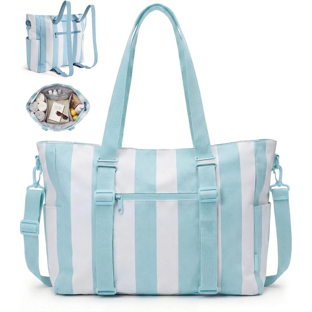 image:imageBAGSMART Large Beach Bag for Women Oversize Tote Bag for TravelSwim PoolSummerSky Blue Stripe