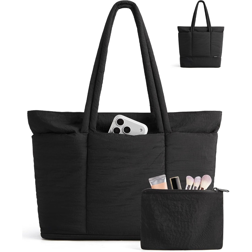 image:imageBAGSMART Puffer Tote Bag for Women Expandable Teacher Handbag wPouchJet Black
