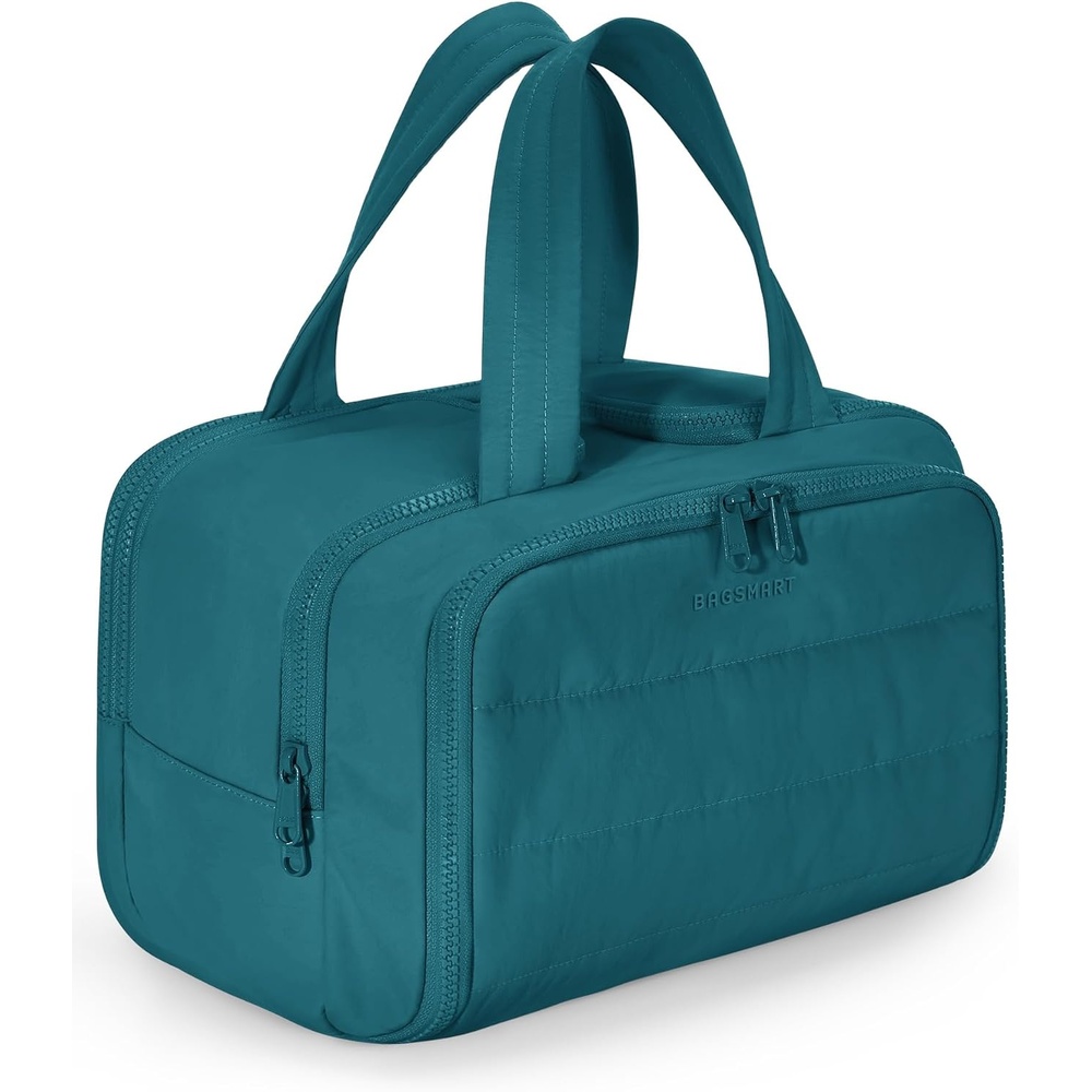 image:imageBAGSMART Travel Toiletry Bag Lightweight Large Wideopen Travel Bag for Women Puffy Cosmetic Makeup Bag Organizer with Handle for AccessoriesEssentials Toiletries Dark PinkMisty Teal