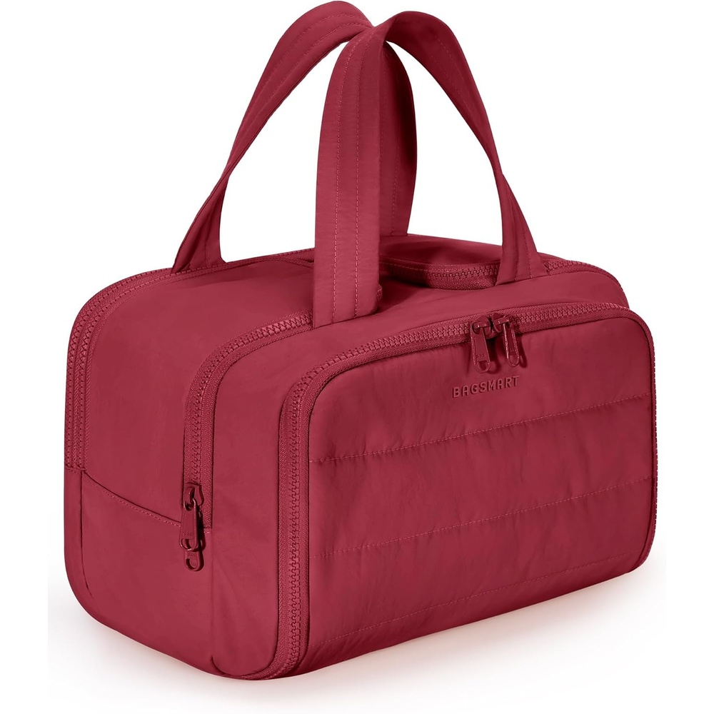 image:imageBAGSMART Travel Toiletry Bag Lightweight Large Wideopen Travel Bag for Women Puffy Cosmetic Makeup Bag Organizer with Handle for AccessoriesEssentials Toiletries Dark PinkgVintage Berry