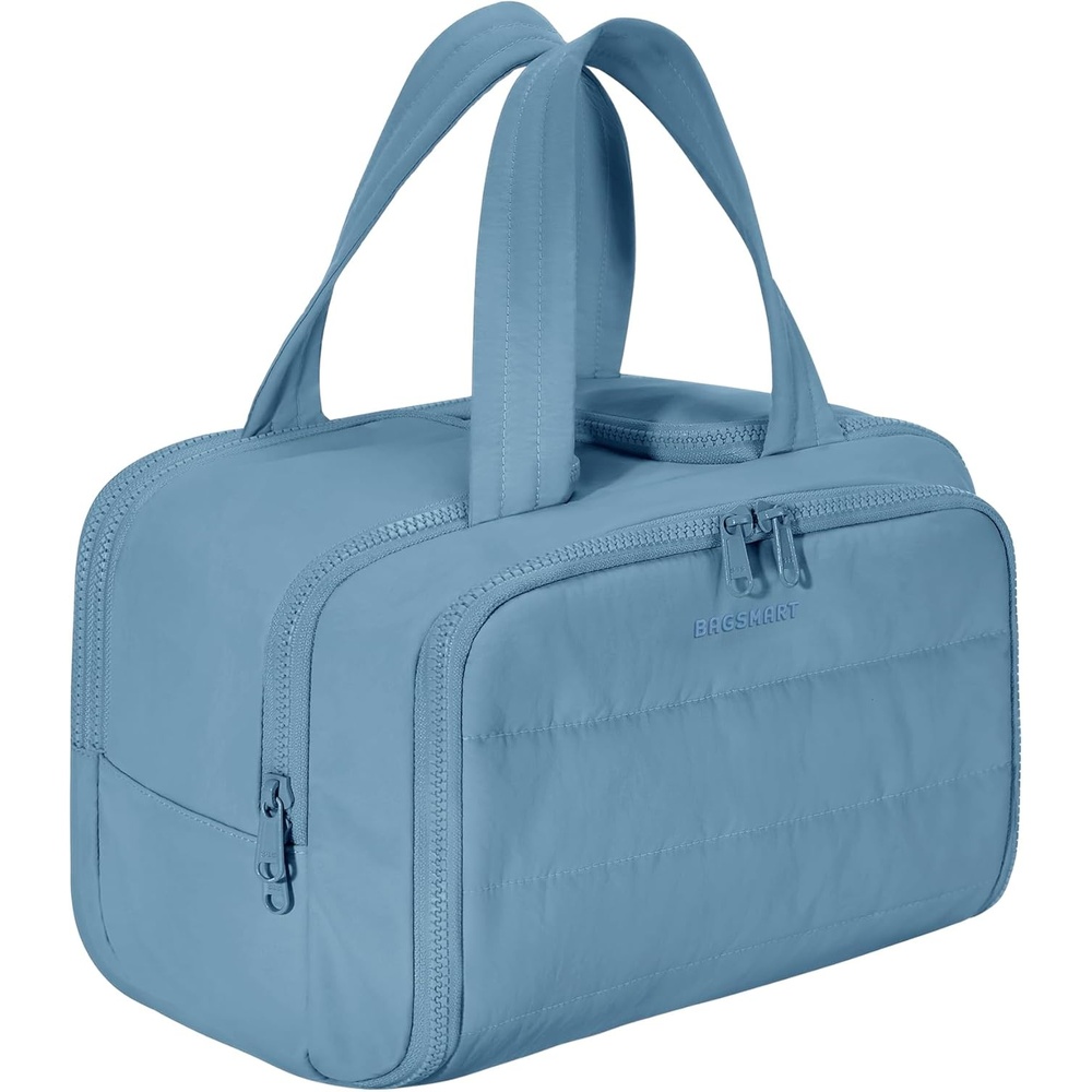 image:imageBAGSMART Travel Toiletry Bag Lightweight Large Wideopen Travel Bag for Women Puffy Cosmetic Makeup Bag Organizer with Handle for AccessoriesEssentials Toiletries Dark PinkhSteel Blue