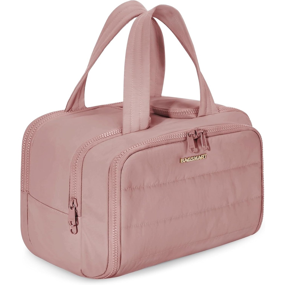 image:imageBAGSMART Travel Toiletry Bag Lightweight Large Wideopen Travel Bag for Women Puffy Cosmetic Makeup Bag Organizer with Handle for AccessoriesEssentials Toiletries Dark PinkDark Pink