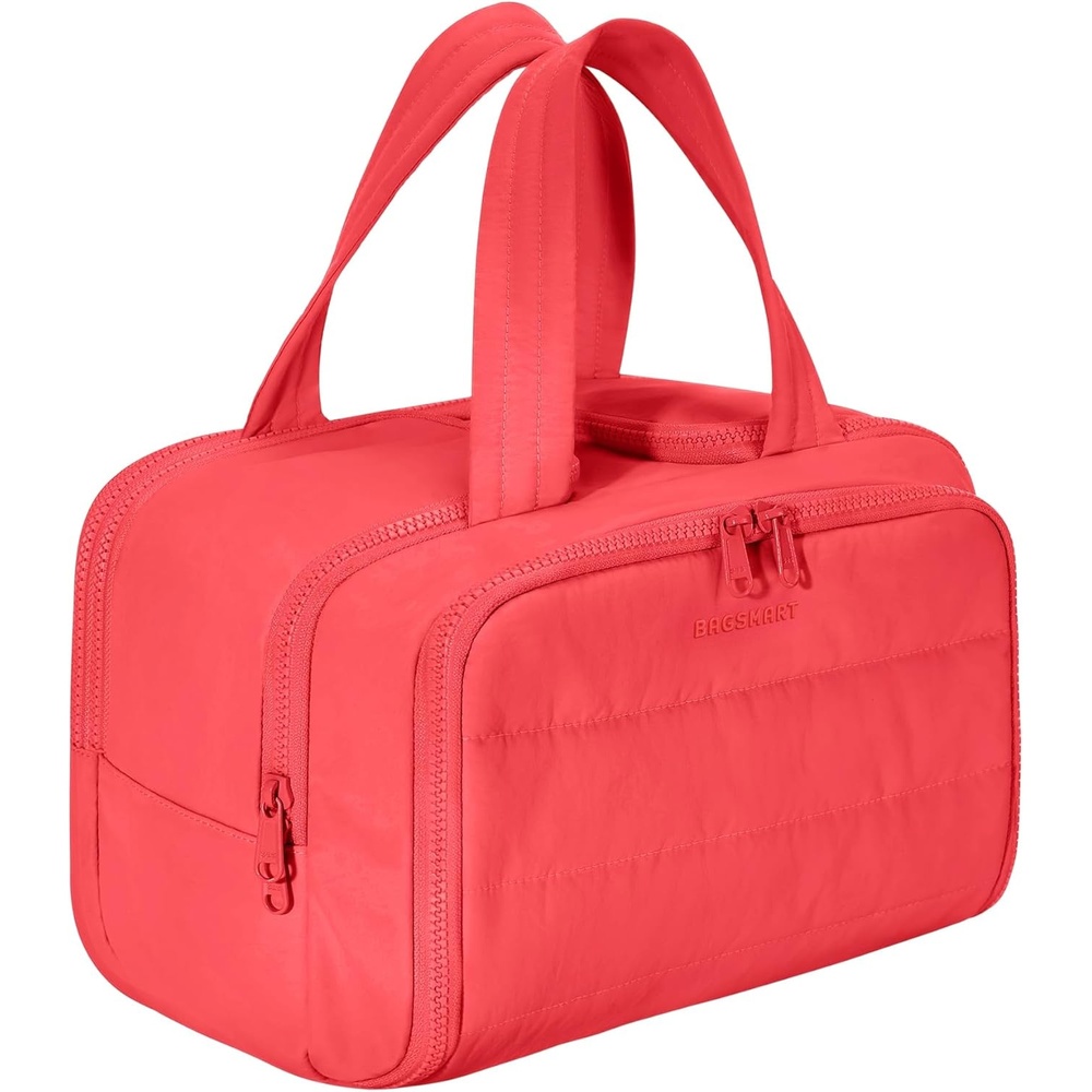 image:imageBAGSMART Travel Toiletry Bag Lightweight Large Wideopen Travel Bag for Women Puffy Cosmetic Makeup Bag Organizer with Handle for AccessoriesEssentials Toiletries Dark PinkhBright Red
