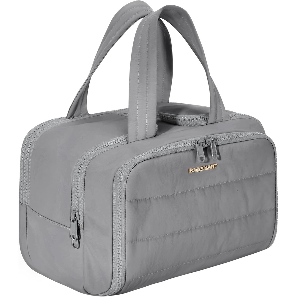 image:imageBAGSMART Travel Toiletry Bag Lightweight Large Wideopen Travel Bag for Women Puffy Cosmetic Makeup Bag Organizer with Handle for AccessoriesEssentials Toiletries Dark PinkeGrey