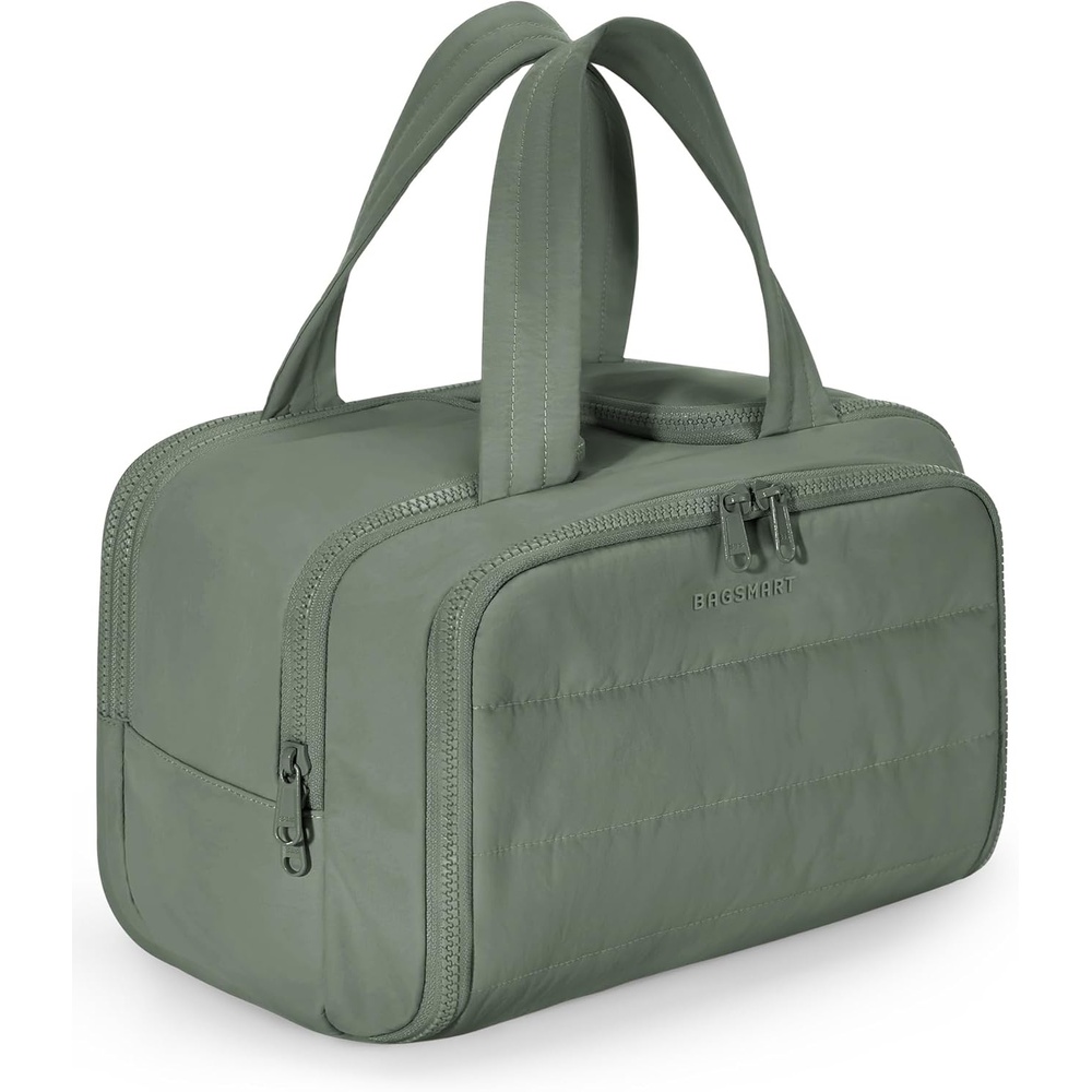 image:imageBAGSMART Travel Toiletry Bag Lightweight Large Wideopen Travel Bag for Women Puffy Cosmetic Makeup Bag Organizer with Handle for AccessoriesEssentials Toiletries Dark PinkHaze Green