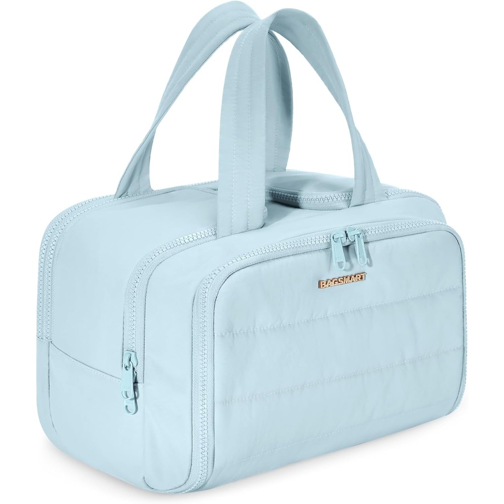 image:imageBAGSMART Travel Toiletry Bag Lightweight Large Wideopen Travel Bag for Women Puffy Cosmetic Makeup Bag Organizer with Handle for AccessoriesEssentials Toiletries Dark PinkdBlue