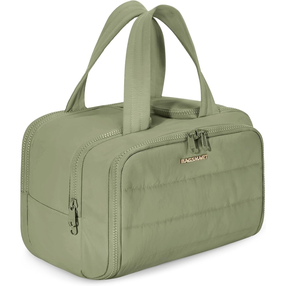 image:imageBAGSMART Travel Toiletry Bag Lightweight Large Wideopen Travel Bag for Women Puffy Cosmetic Makeup Bag Organizer with Handle for AccessoriesEssentials Toiletries Dark PinkeArmy Green
