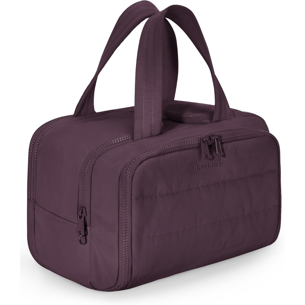 image:imageBAGSMART Travel Toiletry Bag Lightweight Large Wideopen Travel Bag for Women Puffy Cosmetic Makeup Bag Organizer with Handle for AccessoriesEssentials Toiletries Dark PinkRosy Purple