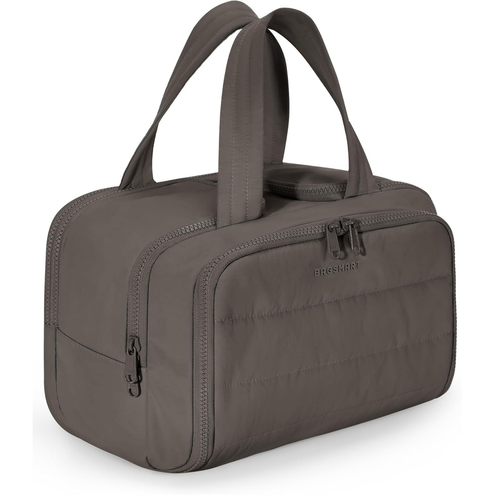 image:imageBAGSMART Travel Toiletry Bag Lightweight Large Wideopen Travel Bag for Women Puffy Cosmetic Makeup Bag Organizer with Handle for AccessoriesEssentials Toiletries Dark PinkCharcoal Gray